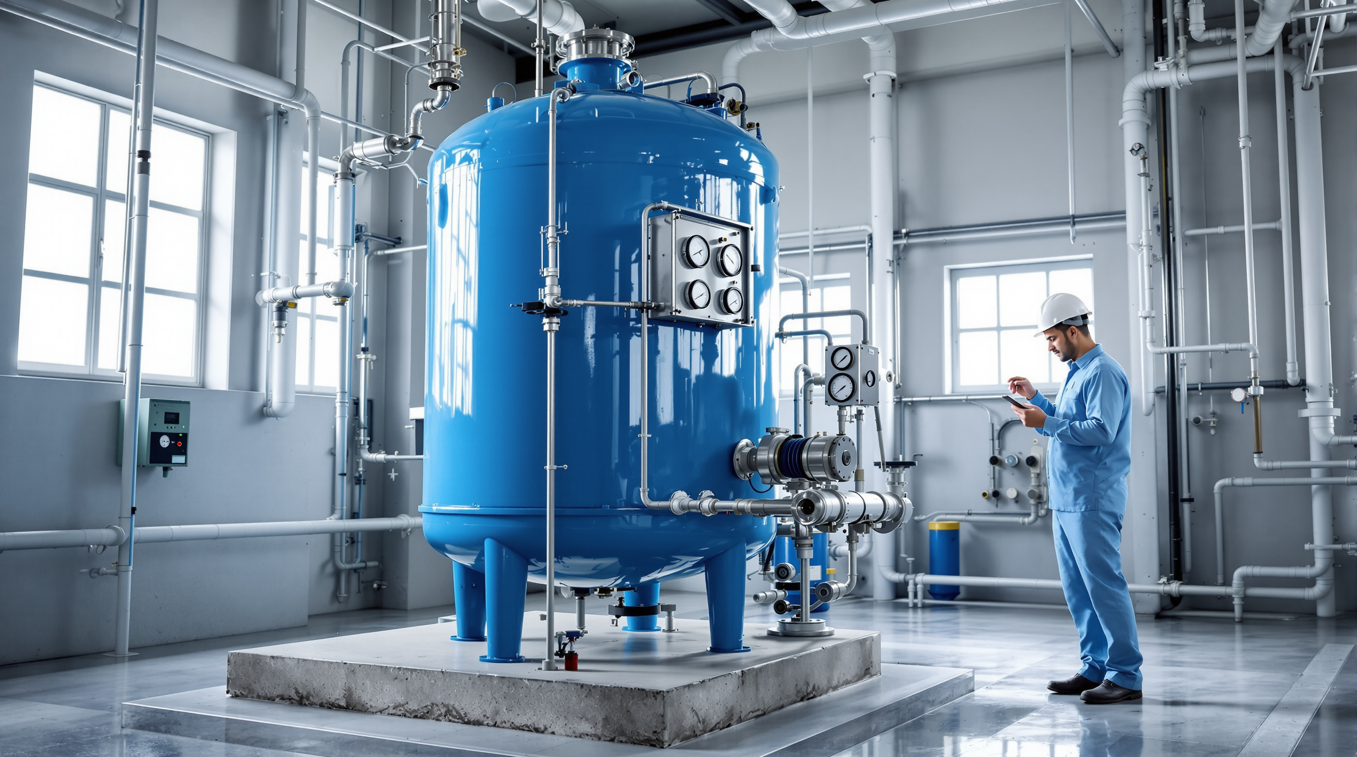 A blue cylindrical pressure sand filter vessel with a multiport valve and connecting pipework in a clean Indian STP plant room