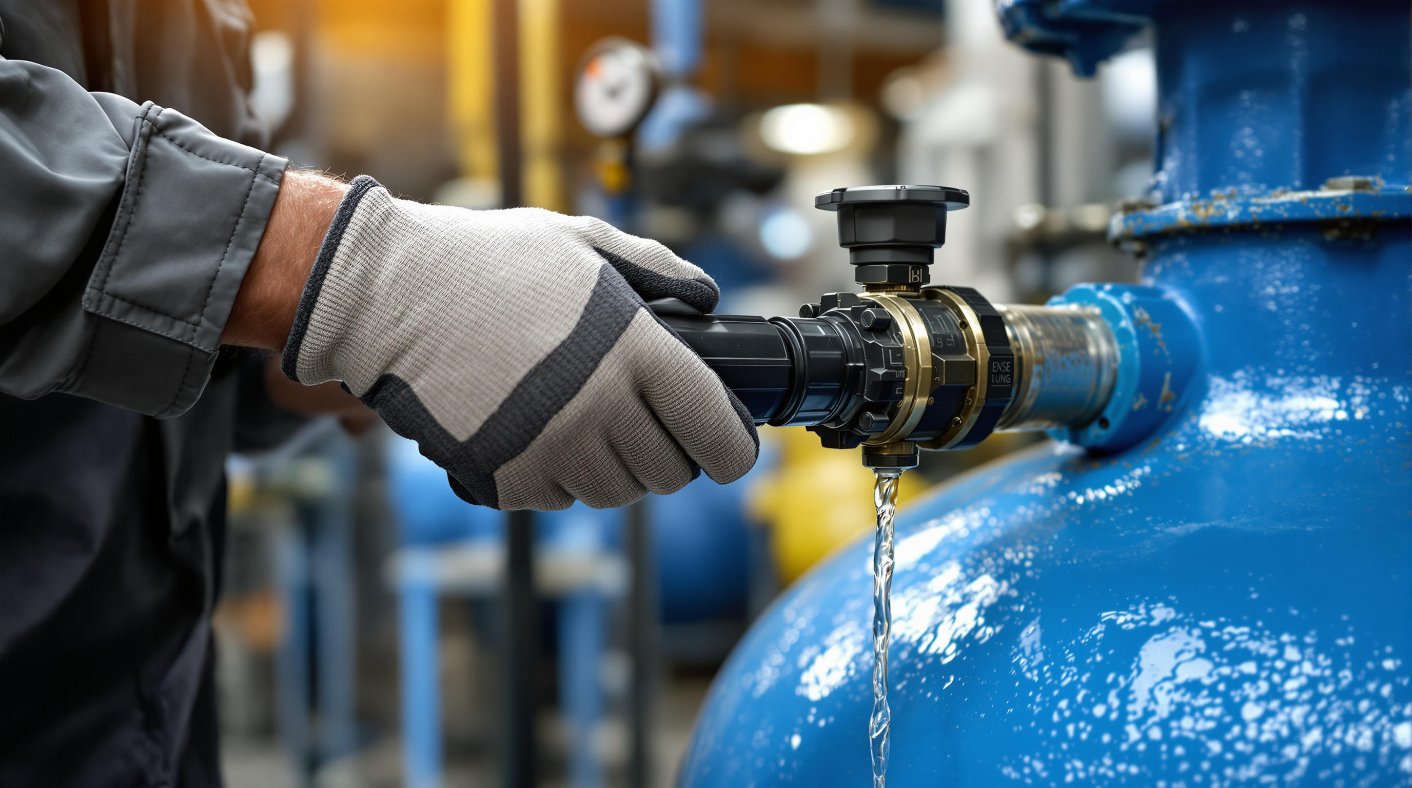 An Indian STP operator turning the multiport valve handle on a pressure sand filter during a backwash cycle
