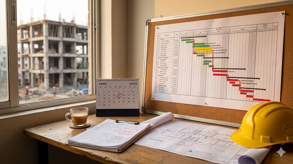 Construction site with project schedule pinned at the architect's site office desk — Gantt chart visible, calendar marked