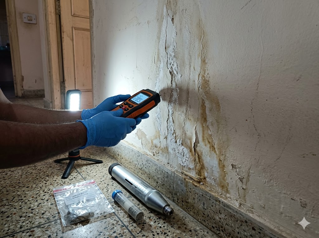 Forensic building investigation — moisture meter probing a wall, schmidt hammer ready, samples in vials — diagnostic testing of a defect