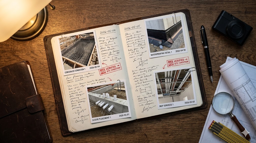 Architect's site supervision log with date-stamped photographs spread across a desk — the photographic protocol that defends against later disputes