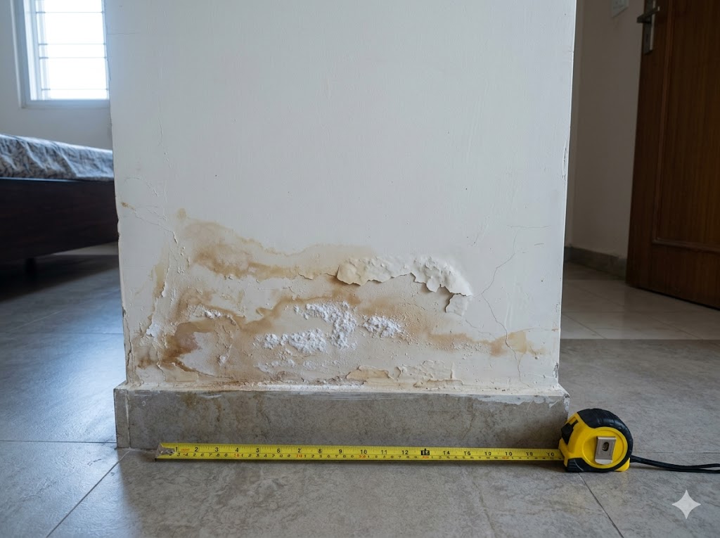 Waterproofing failure forensics — staining and peeling paint at a bathroom-bedroom junction wall, the most common Indian residential defect