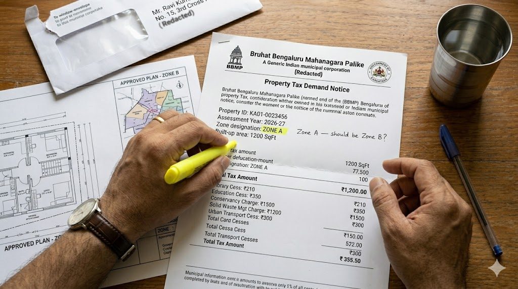 Printed municipal Property Tax Demand Notice on a homeowner's dining table with key fields visible — PID, Assessment Year 2026-27, zone, built-up area, base tax, and a stack of cess line items — being marked up with a yellow highlighter on a suspicious 
