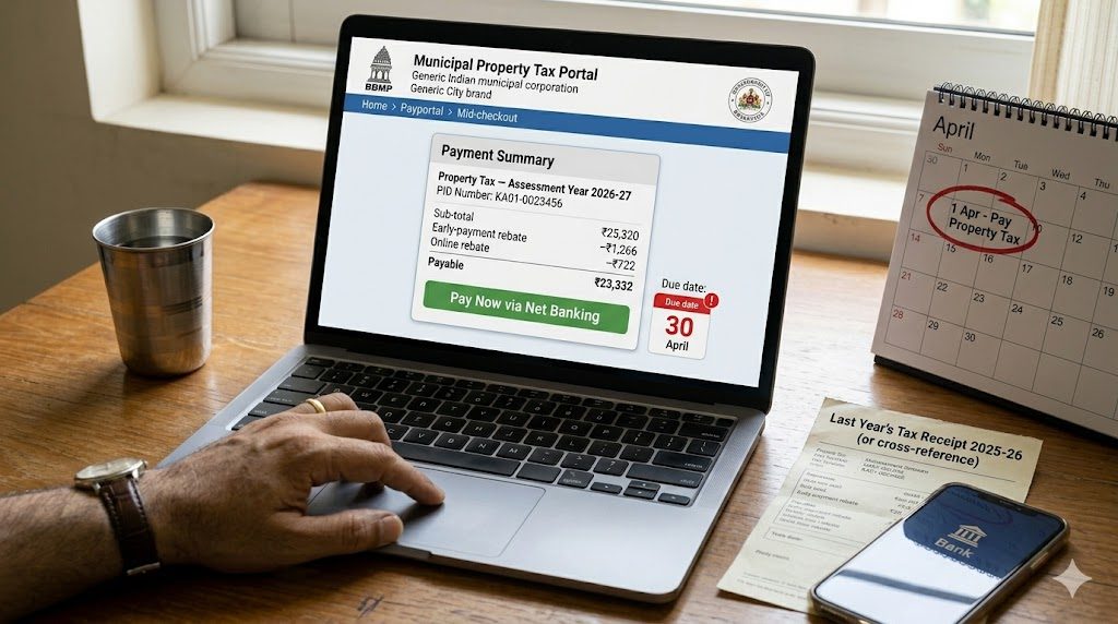 Municipal property tax payment portal mid-checkout on a homeowner's laptop — payment summary visible (Sub-total ₹25,320 · early-payment rebate −₹1,266 · online rebate −₹722 · Payable ₹23,332), Pay Now button highlighted, due date 30 April flagged in red. A wall calendar with 