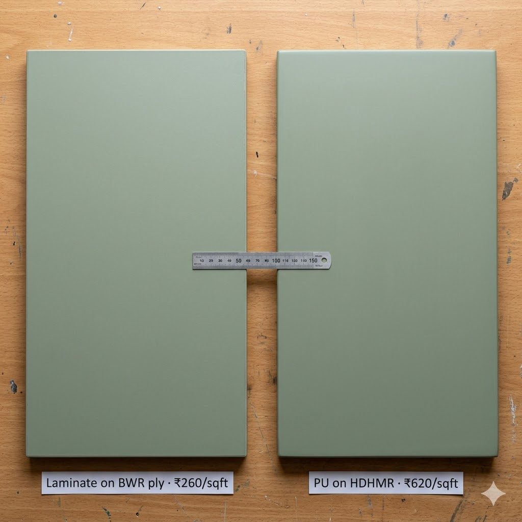 A workbench comparison of two identical-shape cabinet shutters — left a 1 mm super-matte sage-green laminate with its 2 mm ABS edge band visible, right the same colour in a 3-coat air-dry PU showing no visible joint and a hand-rubbed matte sheen, with price tags reading 260 and 620 rupees per square foot