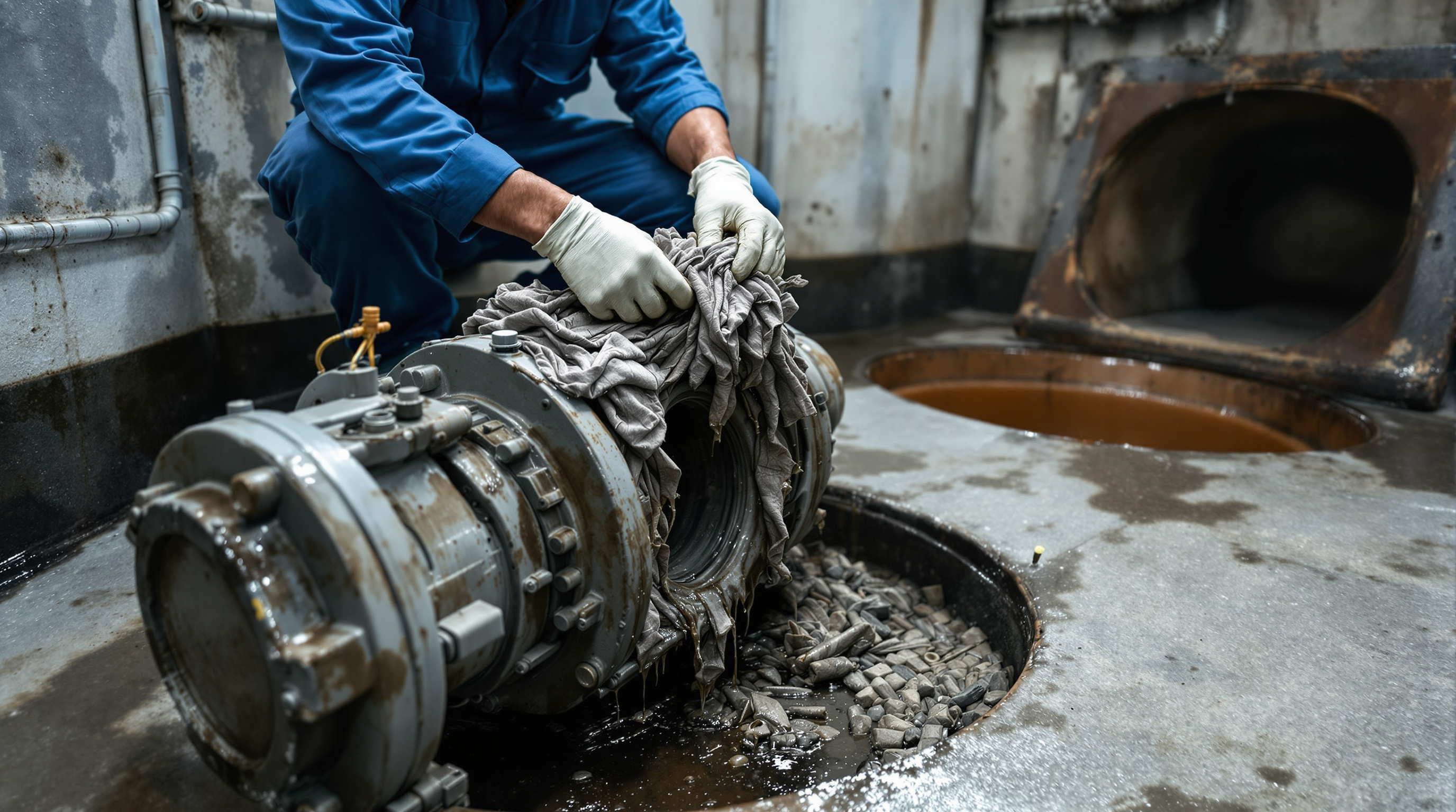 Indian STP operator in gloves pulling a thick tangle of rags and wet wipes off the impeller of a lifted submersible sewage pump