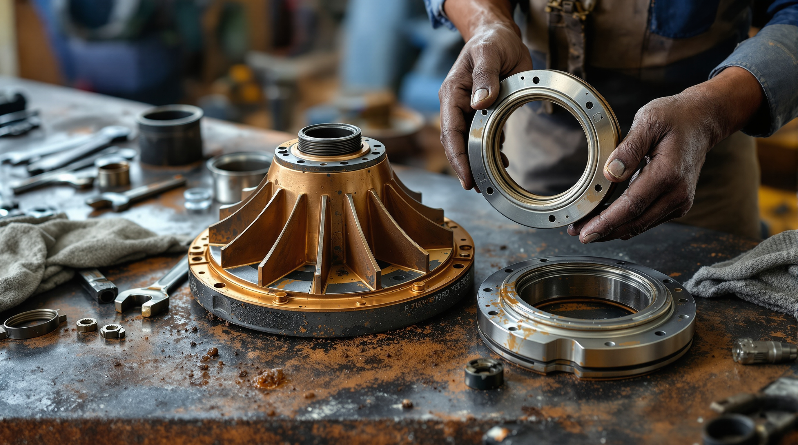 Disassembled submersible pump parts on a workbench showing a worn bronze impeller, wear ring and mechanical seal faces being inspected