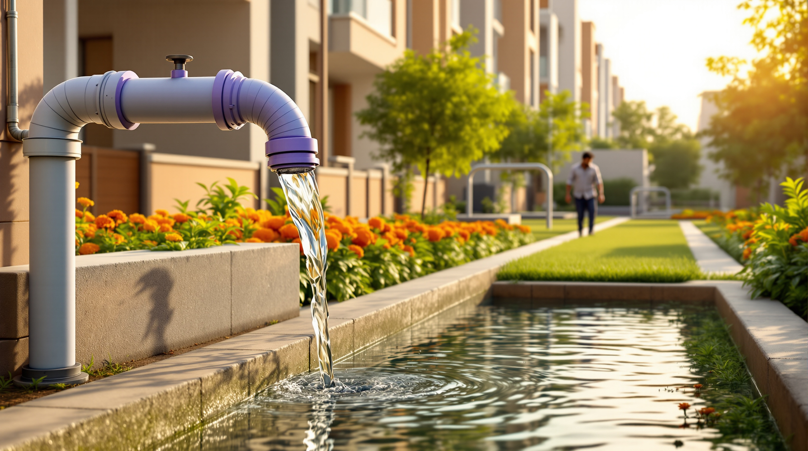 Treated water from a housing-society sewage plant being used to irrigate a green lawn and flower beds through a purple recycled-water pipe