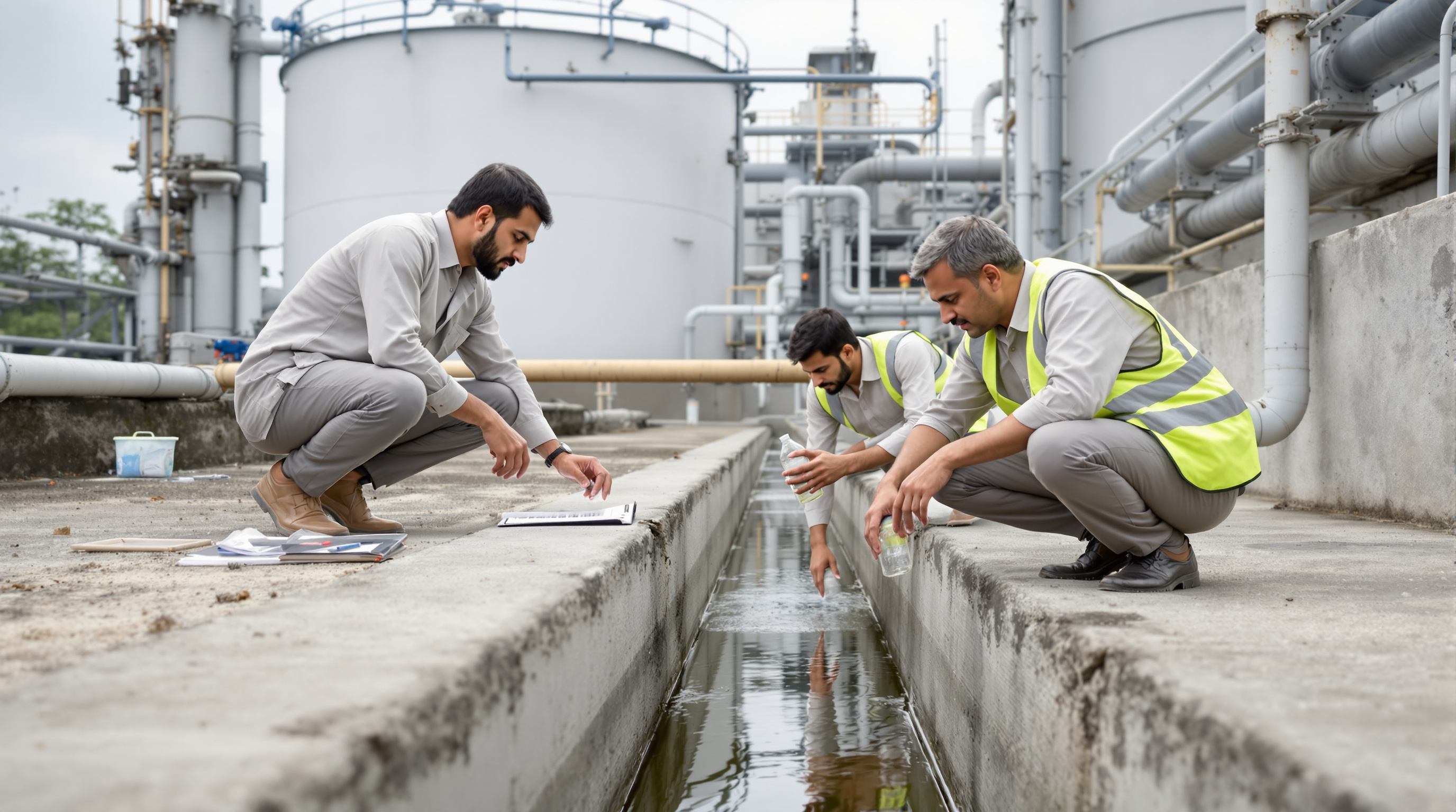 Two Indian pollution-board inspectors collecting an effluent water sample in a bottle at the outlet channel of a sewage treatment plant