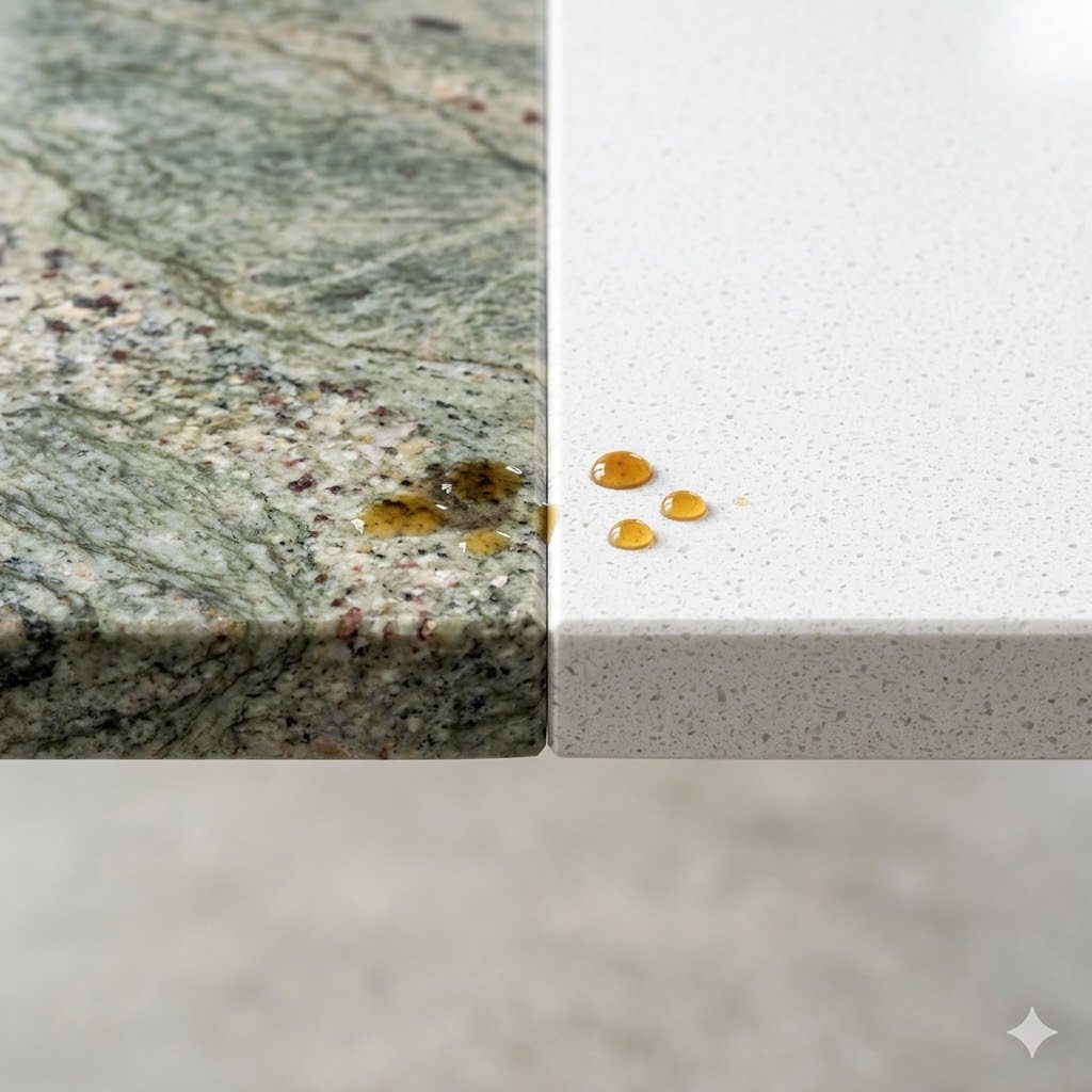 Macro of two countertop slabs in profile at 30 degrees — 20 mm polished granite on the left showing natural veining and 20 mm engineered quartz on the right showing a uniform speckled white field, with mustard-oil drops beading on the quartz and slowly absorbing on the unsealed granite