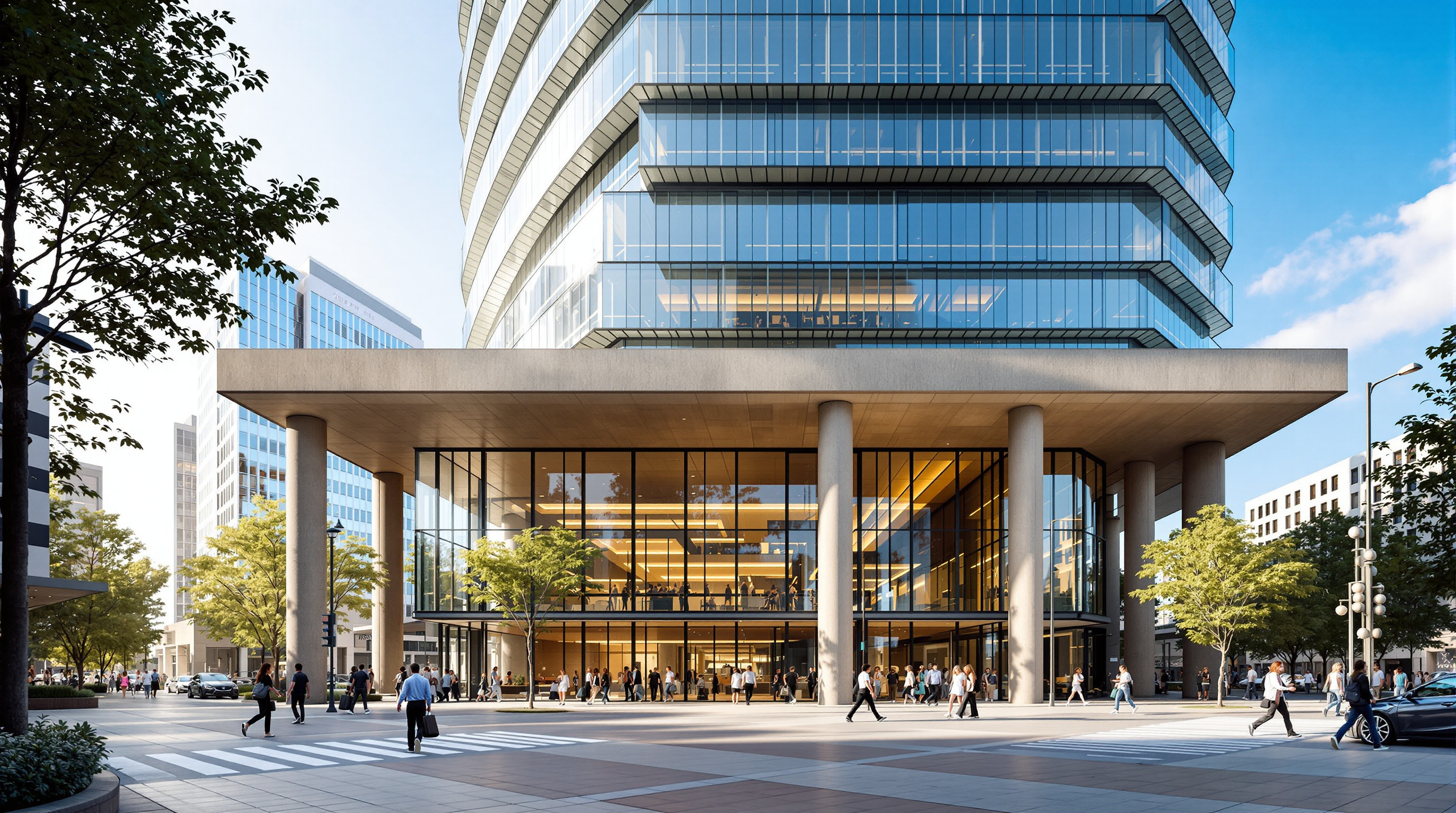 The base of Quay Quarter Tower where the retained 1976 concrete structure meets the new build, pedestrians crossing a sandstone plaza, the glass tower fanning outward overhead against a bright Sydney sky