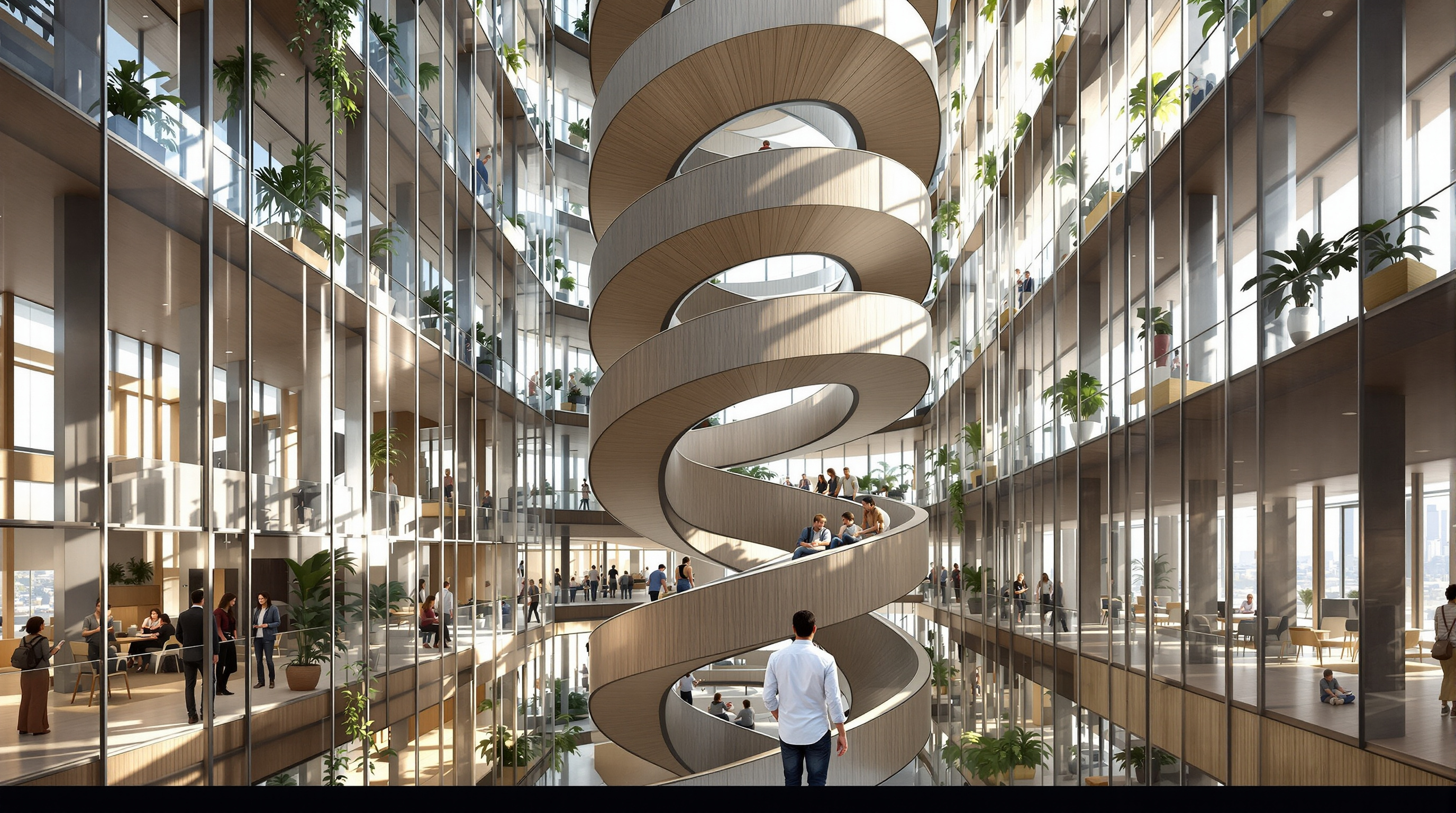 Interior of a Quay Quarter Tower atrium, a sculptural spiral stair rising through several floors, office workers on planted terraces, daylight pouring down through the stacked void of the vertical village