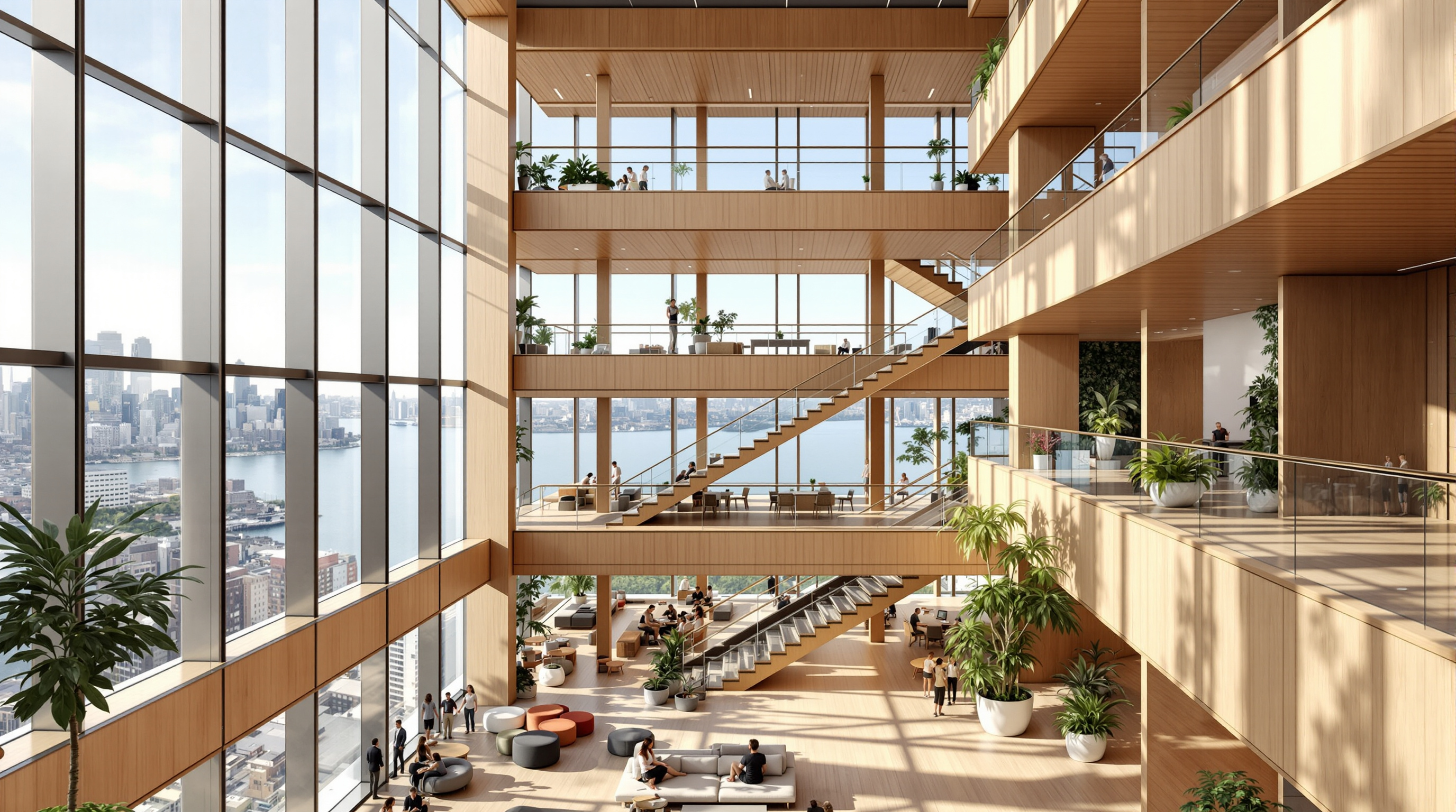 Interior view of one of Quay Quarter Tower's multi-storey atria, a bright timber-and-glass void connecting several office floors with open stairs and planting, daylight pouring in from the harbour-facing glass wall