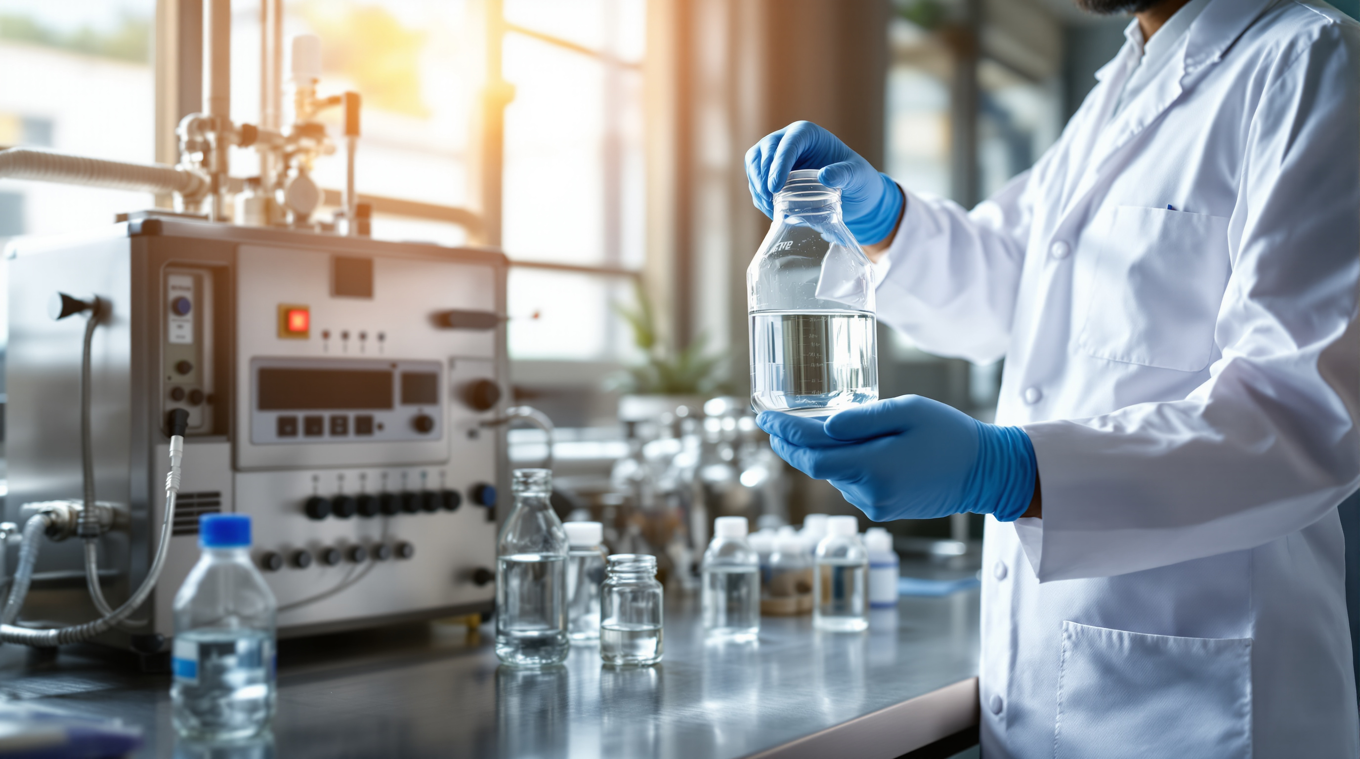 Indian lab technician holding a beaker of clear treated water beside sampling bottles at a sewage treatment plant