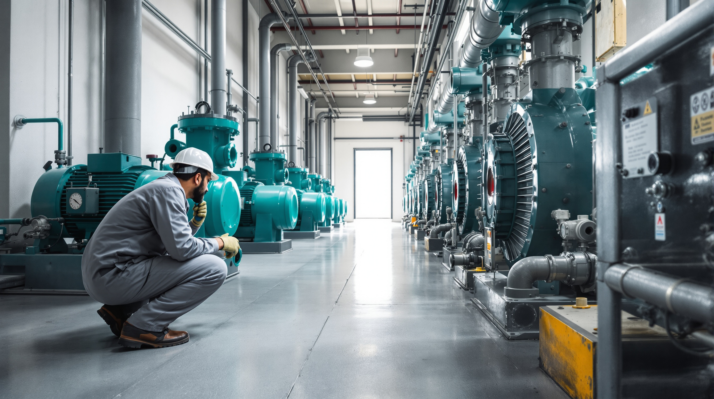 Indian STP operator in overalls inspecting air blowers and pumps in a sewage treatment plant equipment room