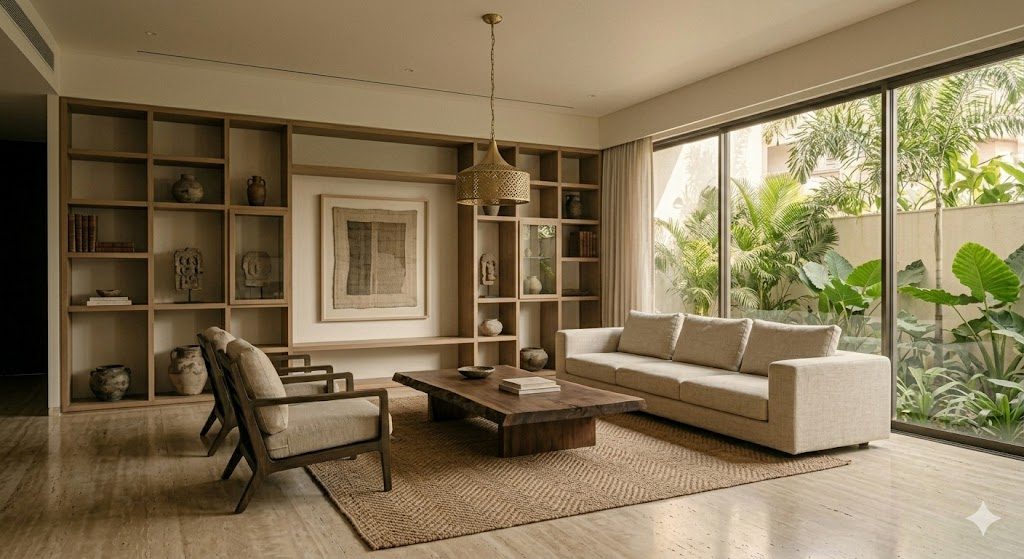 Documentary photograph of a tonal quiet-luxury living room — honed travertine floor, smoked-oak joinery, undyed linen upholstery and a single brushed-brass accent in soft Indian afternoon light, the whole room in one quiet material family