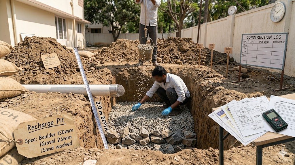 1m × 1m × 2m recharge pit mid-construction on an Indian residential plot — a worker inside fitting the layered media (boulder bottom 150 mm, gravel middle 25 mm, washed sand top), a coarse PVC down-take pipe entering the side wall with a stainless-steel mesh strainer cap, a measuring rod marked 