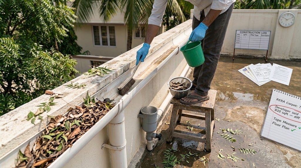 Homeowner on an Indian rooftop clearing leaves and debris from a 5-inch PVC roof gutter with a long-handled brush — the gutter transitioning from clogged (neem leaves at one end) to cleaned, the leaf-guard basket lifted off the nearby downpipe for cleaning, the first-flush diverter visible with its drain valve open for inspection. 30 minutes a month keeps a 20-year asset functional — the cheapest insurance any RWH system has