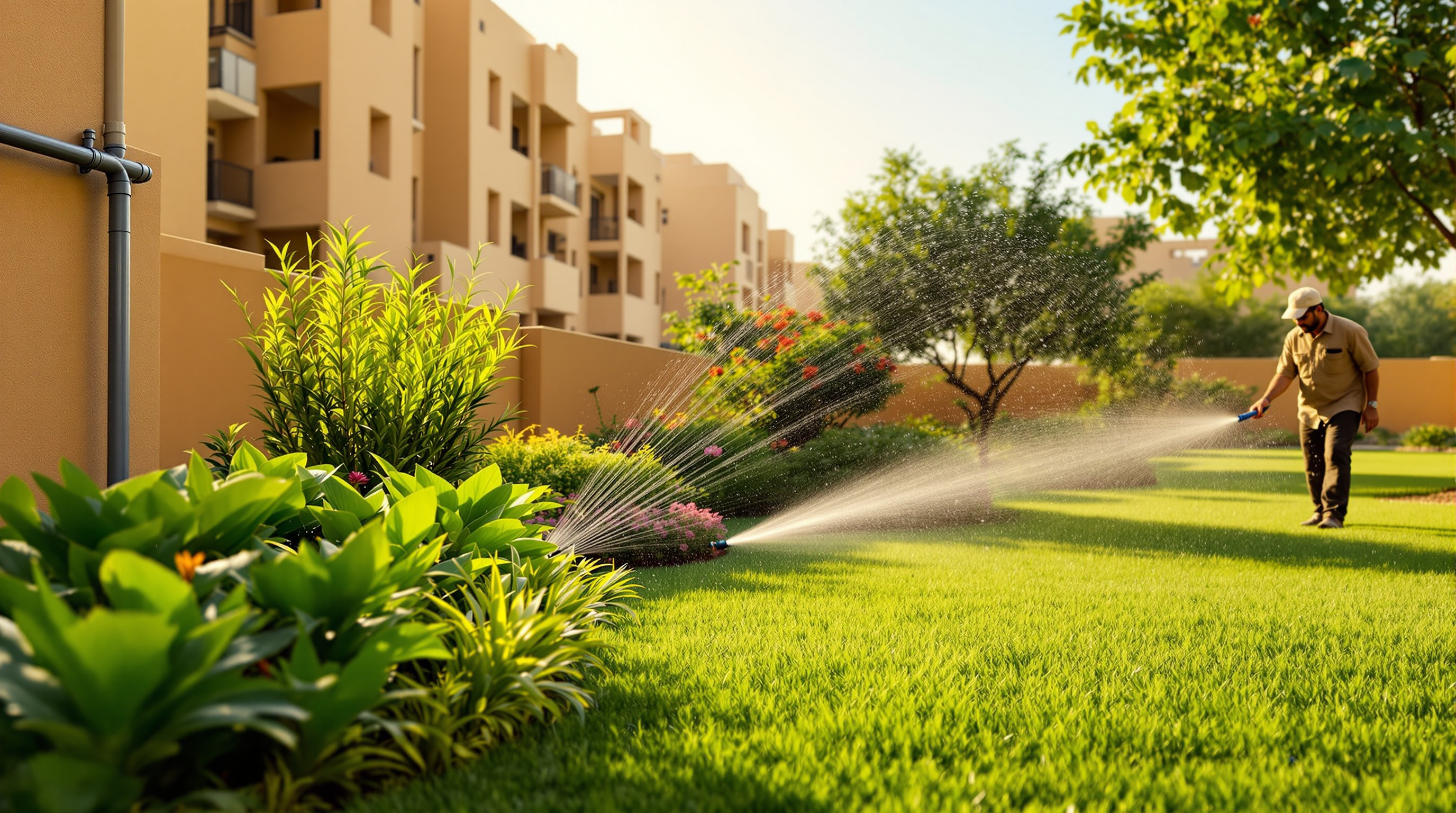 Treated water from a housing-society STP being used to irrigate green landscaping beside an apartment block in arid Rajasthan