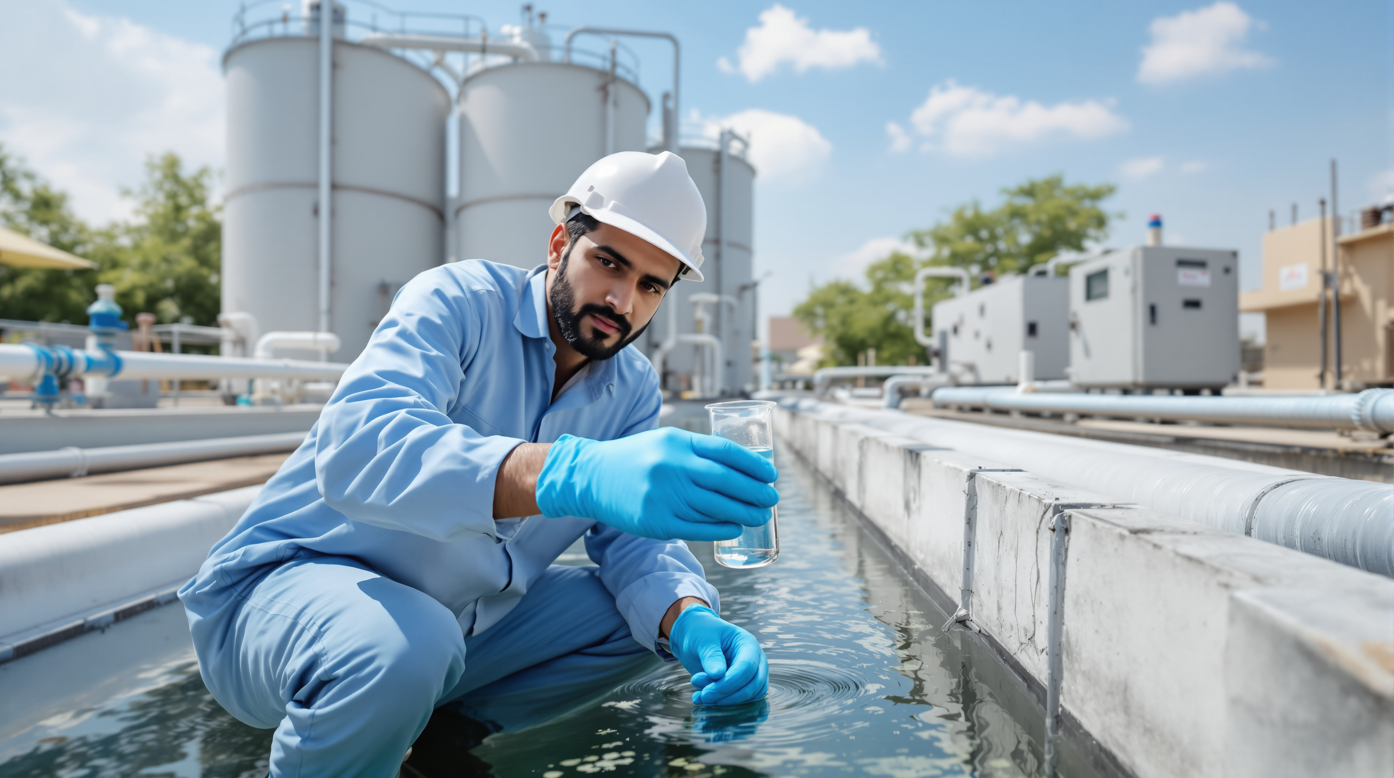 Indian STP operator collecting a treated-water sample in a clear glass vial for compliance testing beside plant tanks