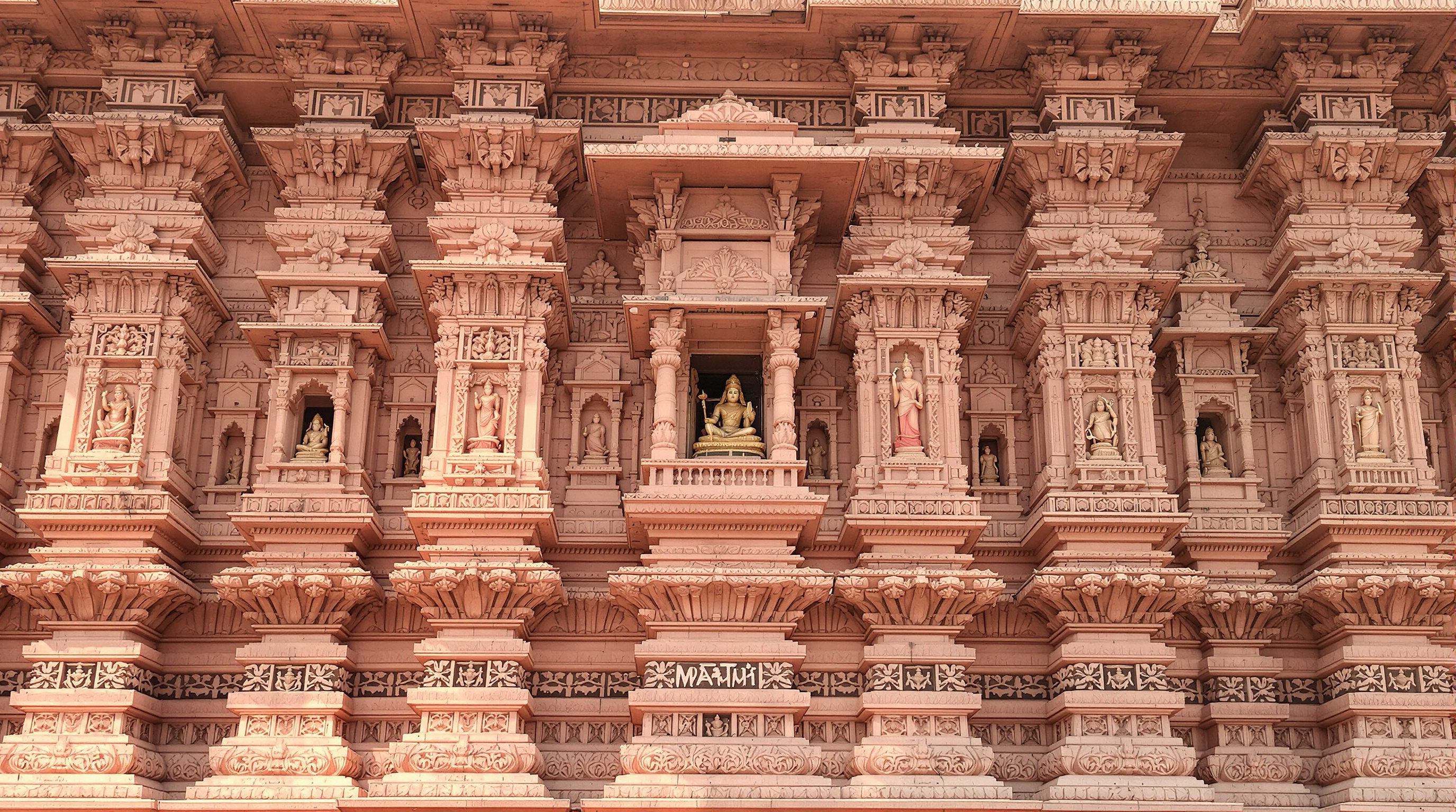 A close view of the Ram Mandir facade showing rows of intricately carved pink sandstone pillars, deity figures set in niches, and the deeply modelled projections and recesses characteristic of Maru-Gurjara temple architecture