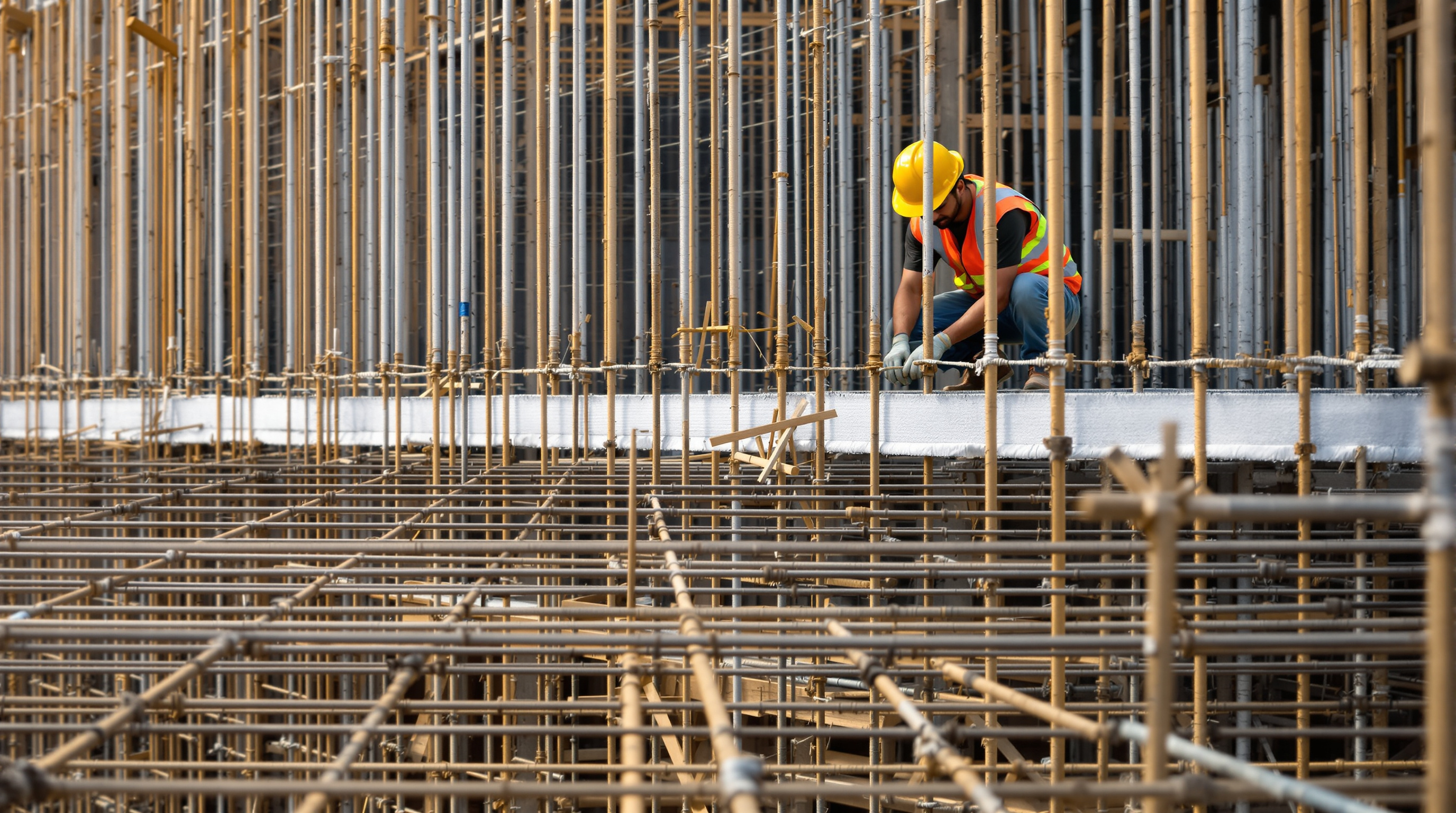 Dense grid of closely spaced steel reinforcement bars and shuttering for an RCC sewage tank wall on an Indian construction site