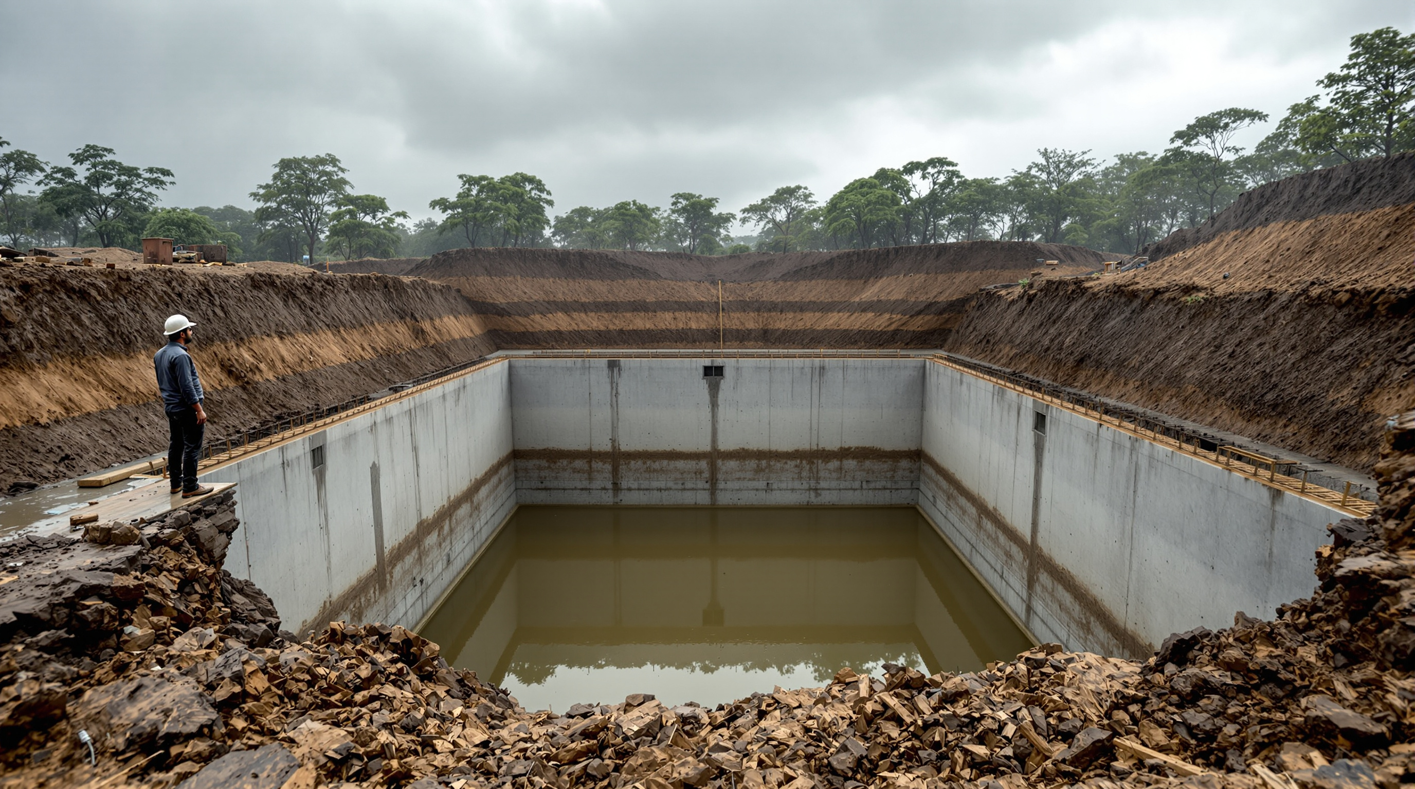 A large empty rectangular RCC underground tank standing in a deep water-logged excavation pit during monsoon in India