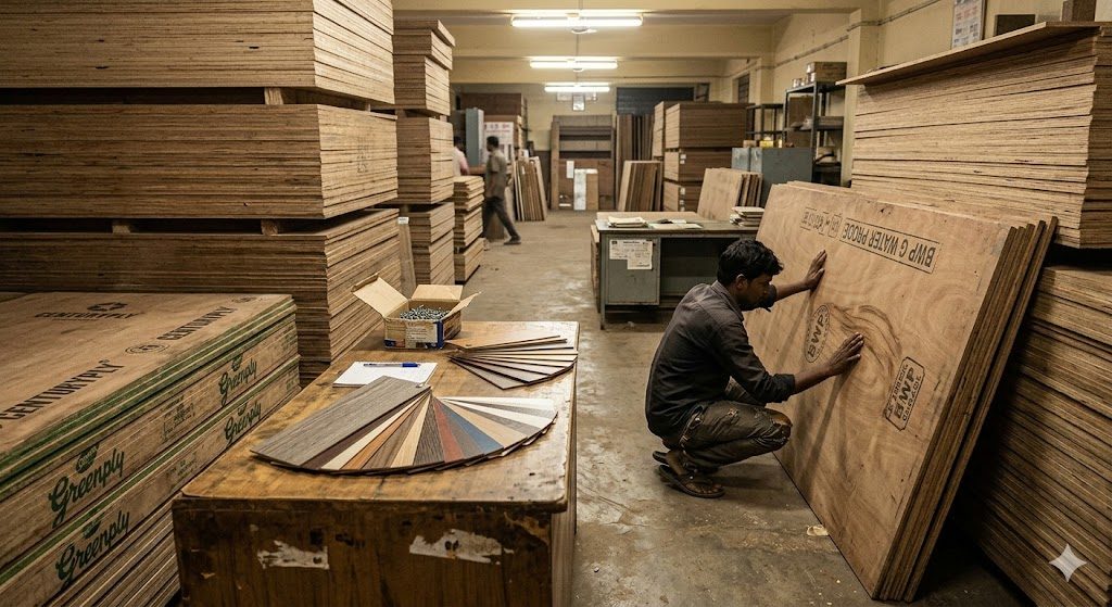 Documentary photograph inside a Bengaluru plywood and laminate wholesale market, stacked Century and Greenply boards, laminate sample sheets fanned on a counter, a contractor inspecting a BWP grade sheet under fluorescent light
