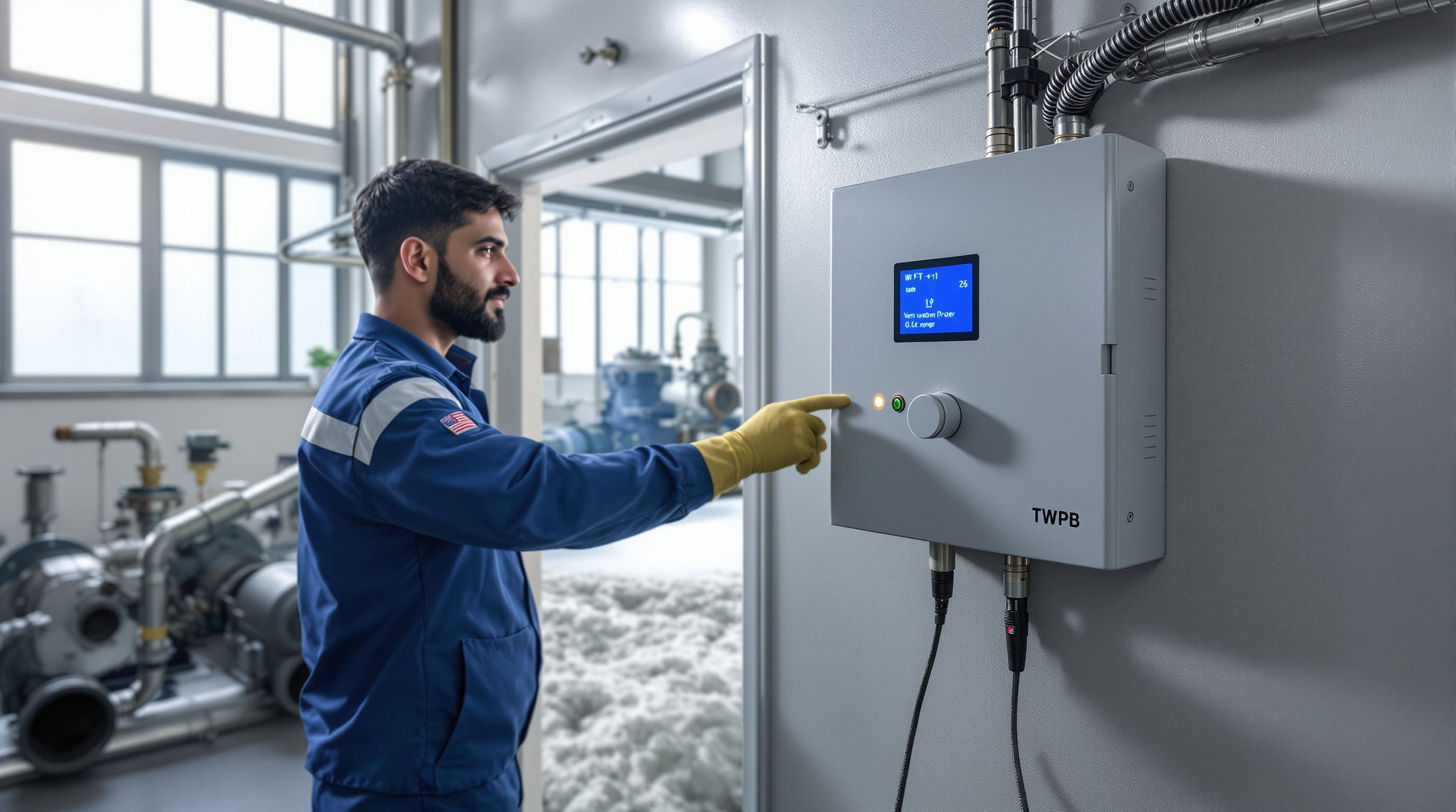 Indian STP operator adjusting a variable-frequency drive control panel wired to a dissolved-oxygen probe beside an aeration tank