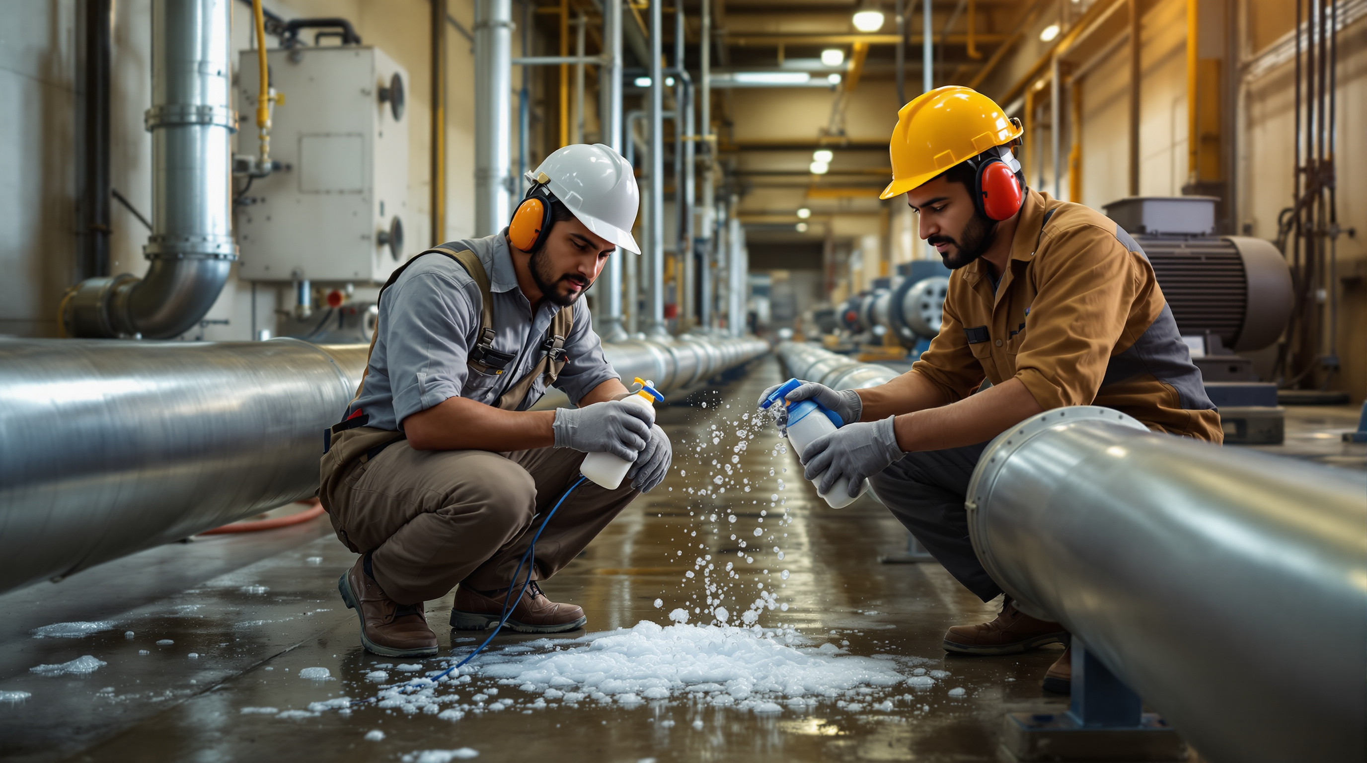 Indian technician spraying soapy water on an air pipe flange joint to detect leaks near STP aeration blowers