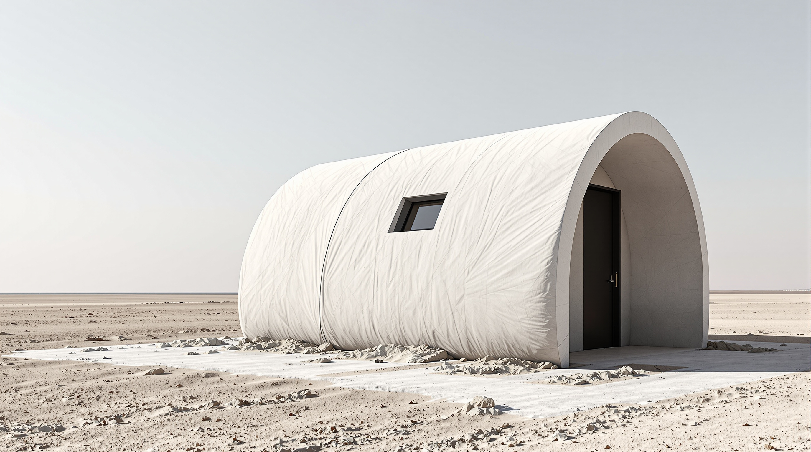 A single Cortex Shelter prototype by Cutwork: a low concrete tunnel-vaulted structure with a pale grey hardened shell, a dark rectangular doorway and a small high gable window, sitting on bare ground with the surrounding fabric formwork visible