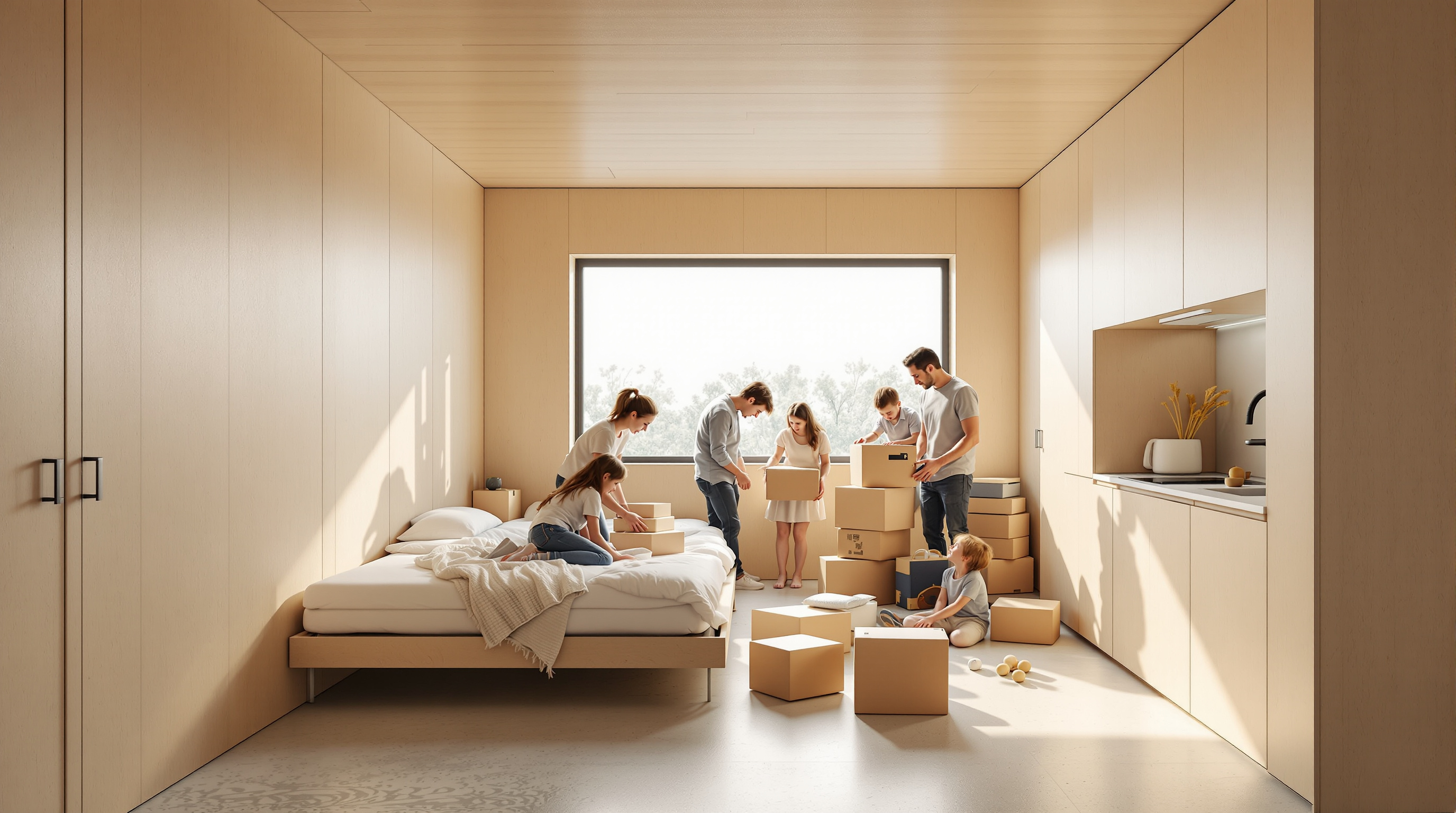 An interior view inside a ReHome module: a bright, minimal room around 27 square metres with pale birch-toned plywood walls, a fold-down bed against one side, a compact kitchen counter, and a large window filling the far wall with grey daylight, a young family arranging their belongings