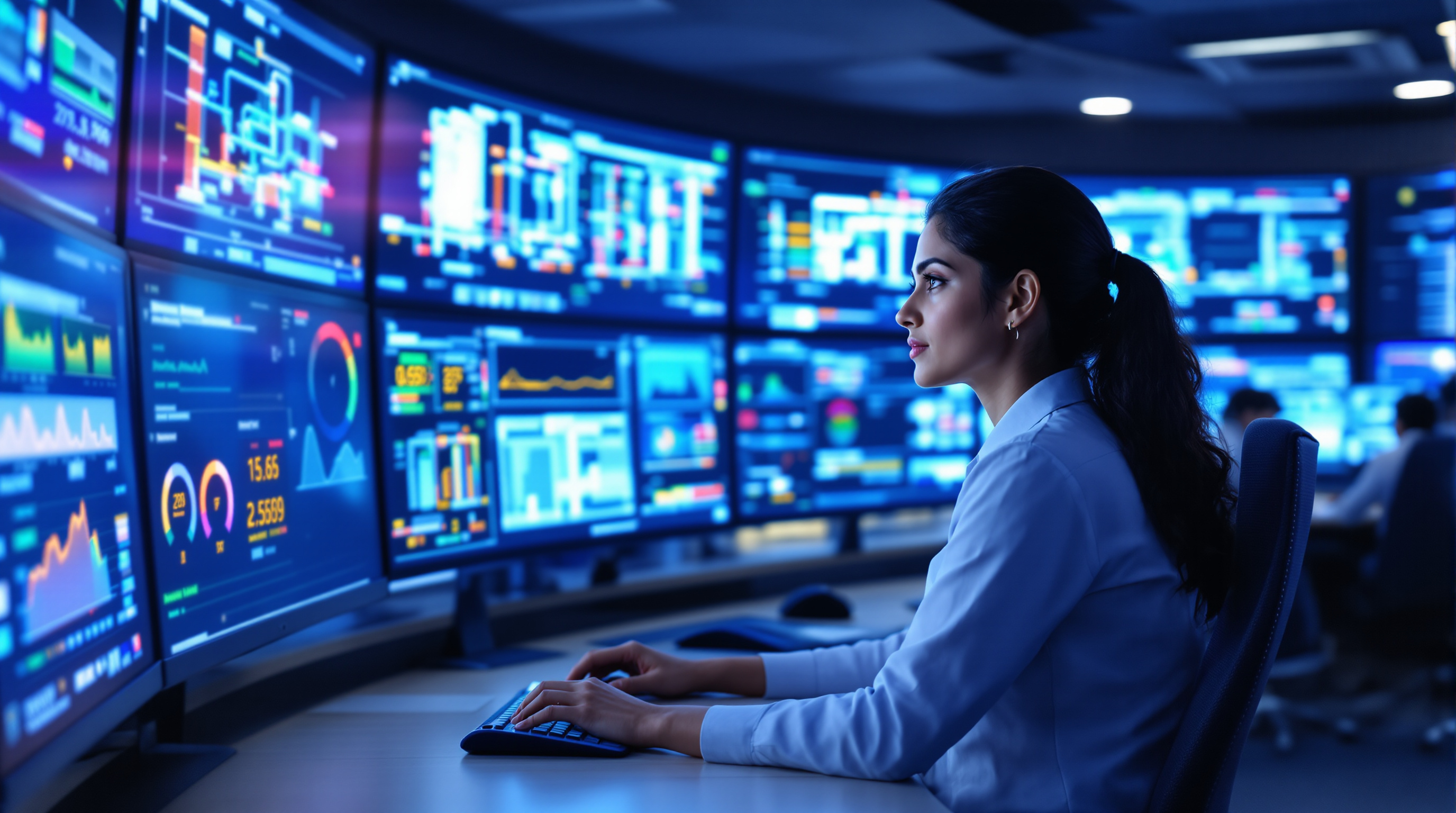 An Indian operator in a control room monitoring multiple screens showing live plant dashboards and trend graphs