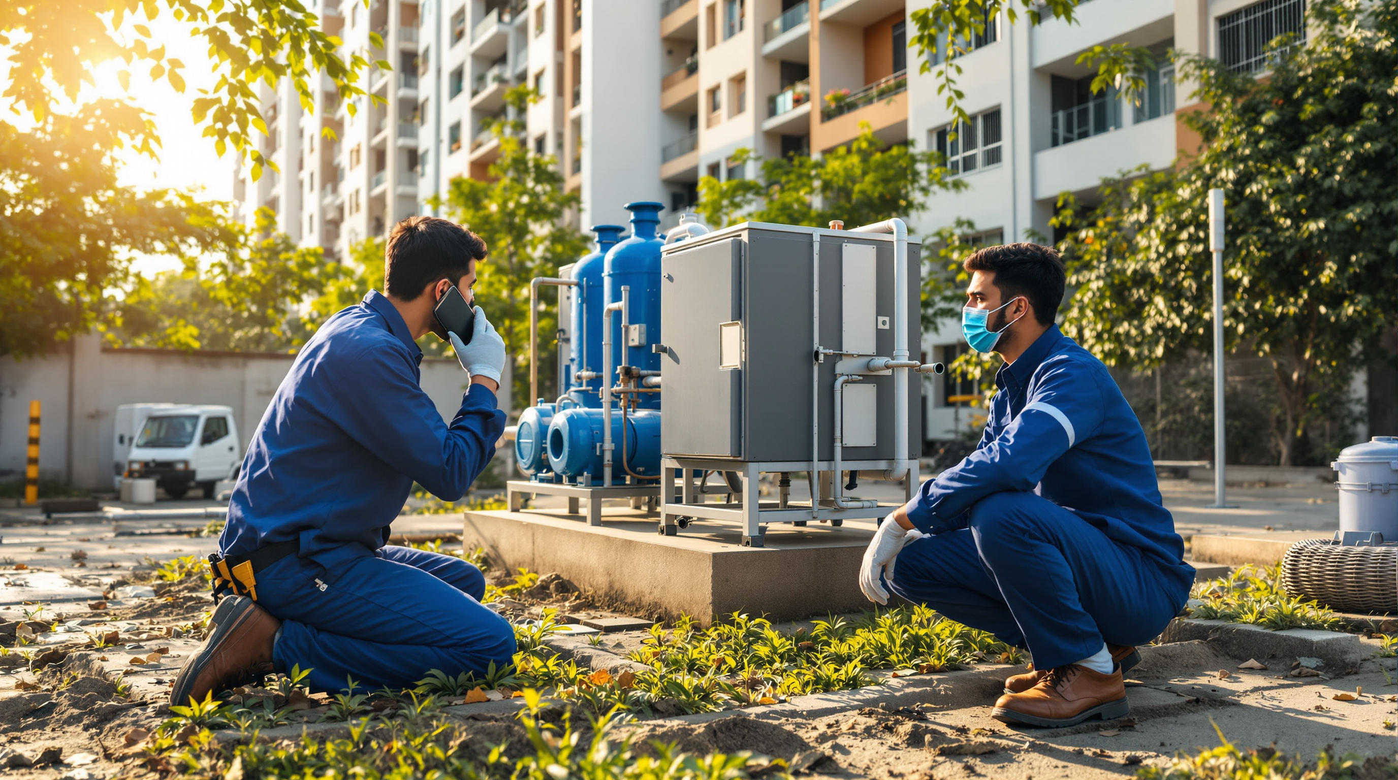 An Indian field technician servicing a compact rooftop sewage treatment plant behind an apartment building