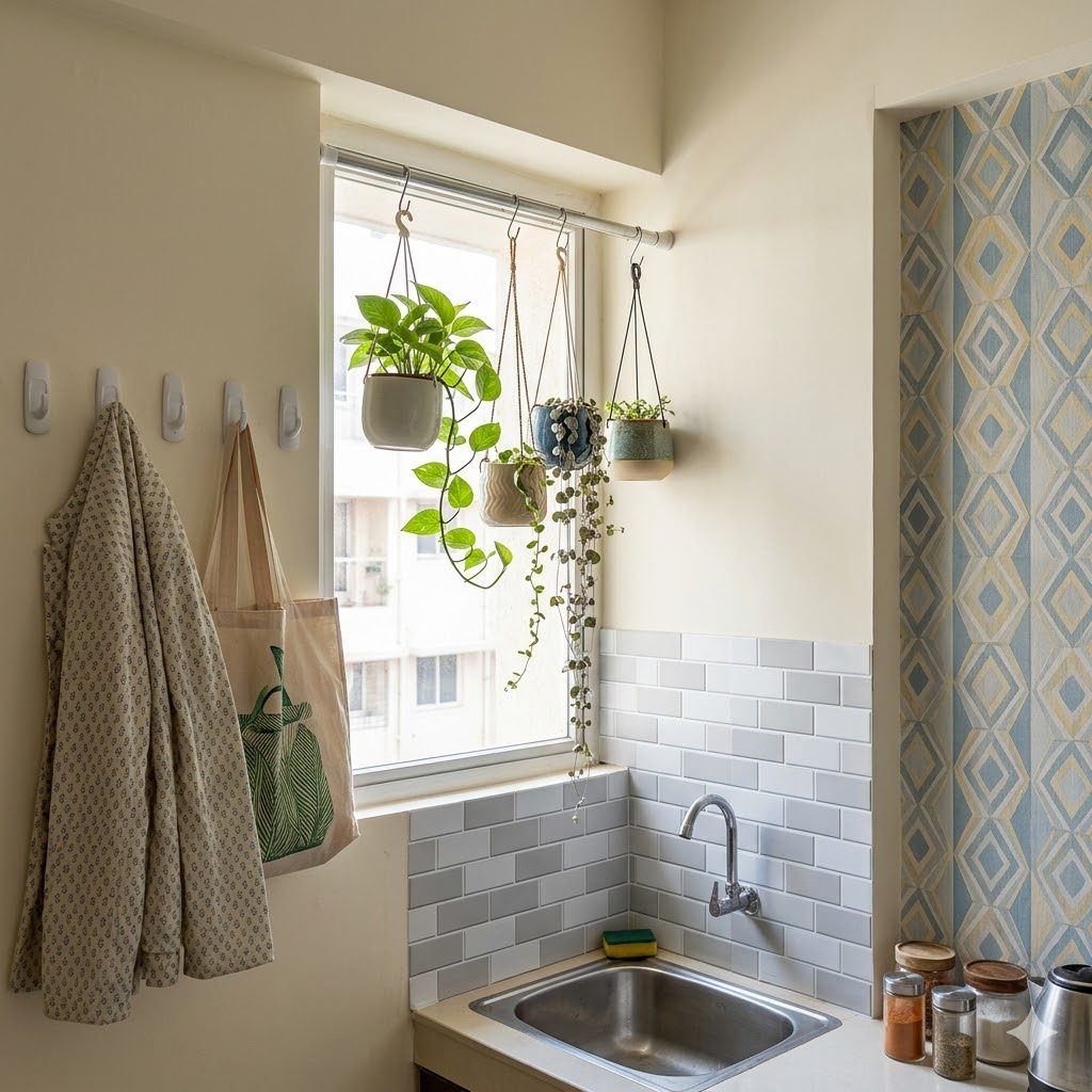 Renter-friendly reversible details in an Indian flat — adhesive command hooks holding a coat, a tension rod with hanging plants, peel-and-stick backsplash tiles behind a kitchenette, and a removable wallpaper panel, all clearly non-permanent