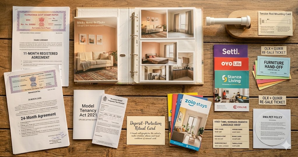 Composite illustration showing key India-specific rental interior considerations: Bengaluru 10-month deposit ritual, Mumbai 11-month registered tenancy form, Delhi NCR builder-floor electrical box constraints, Chennai monsoon humidity affecting peel-stick adhesives, and Pune RWA notice format for furniture deliveries
