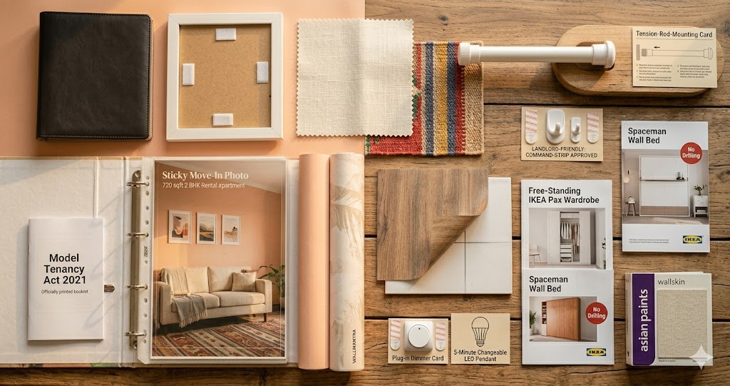 Flat-lay grid of rental-friendly materials: peel-and-stick wallpaper rolls, Command strips, Velcro hooks, tension rods, plug-in pendant lights, free-standing wardrobe samples, area rug swatches, peel-stick floor tiles — all labelled with Indian brand names