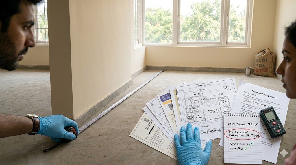 5-metre measuring tape stretched across the diagonal of a 2BHK living-hall at handover, the architect's hand holding one end against an internal partition wall, a floor-plan printout taped at the corner with each room's carpet area handwritten (