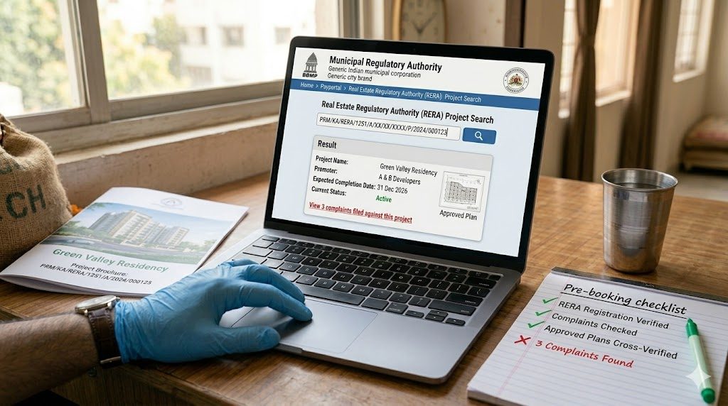Laptop on a wooden desk showing a state RERA portal mid-search — registration number typed, project result panel visible with promoter name, expected completion date, current status, approved plan thumbnail, and 