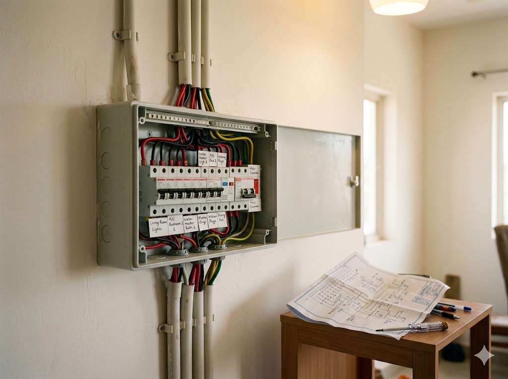 Distribution board with conduits and circuit labels — the heart of residential electrical coordination
