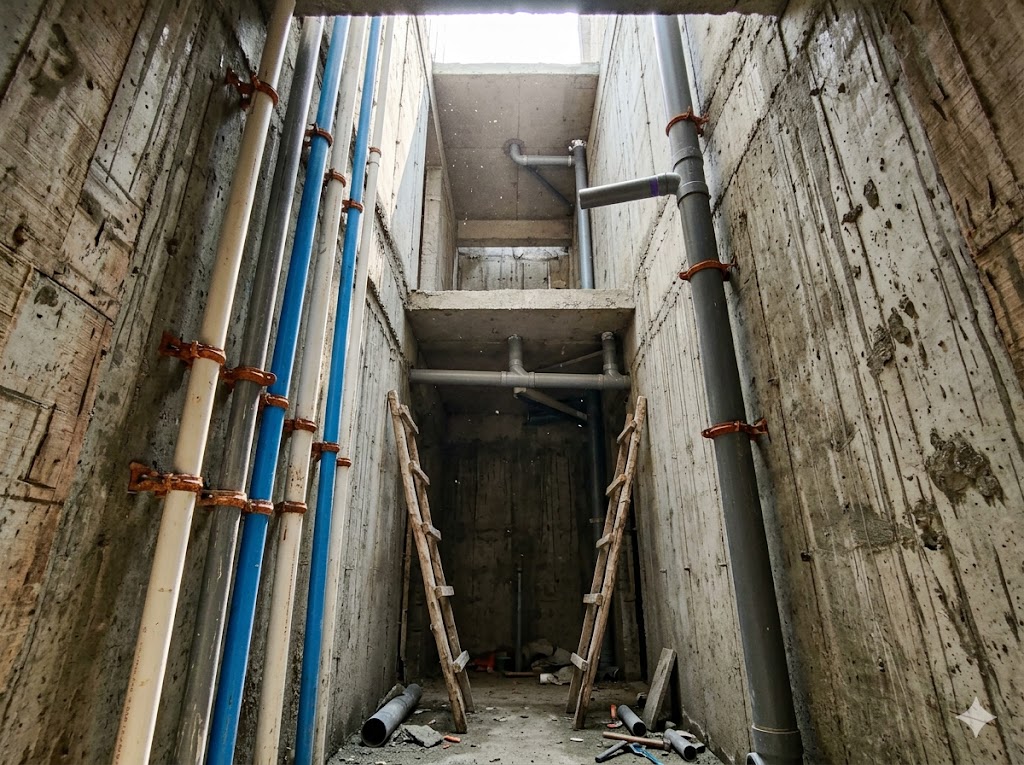 Plumbing riser shaft under construction — CPVC hot, PVC cold, SWR drainage stacked vertically with tees