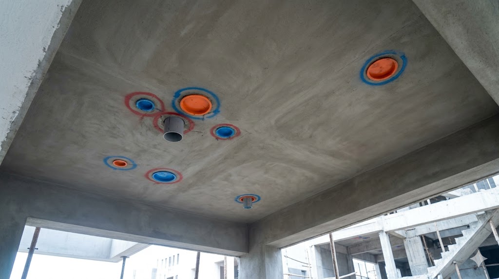 Cast RCC slab with pre-positioned sleeves visible — coordinated MEP penetrations through structure