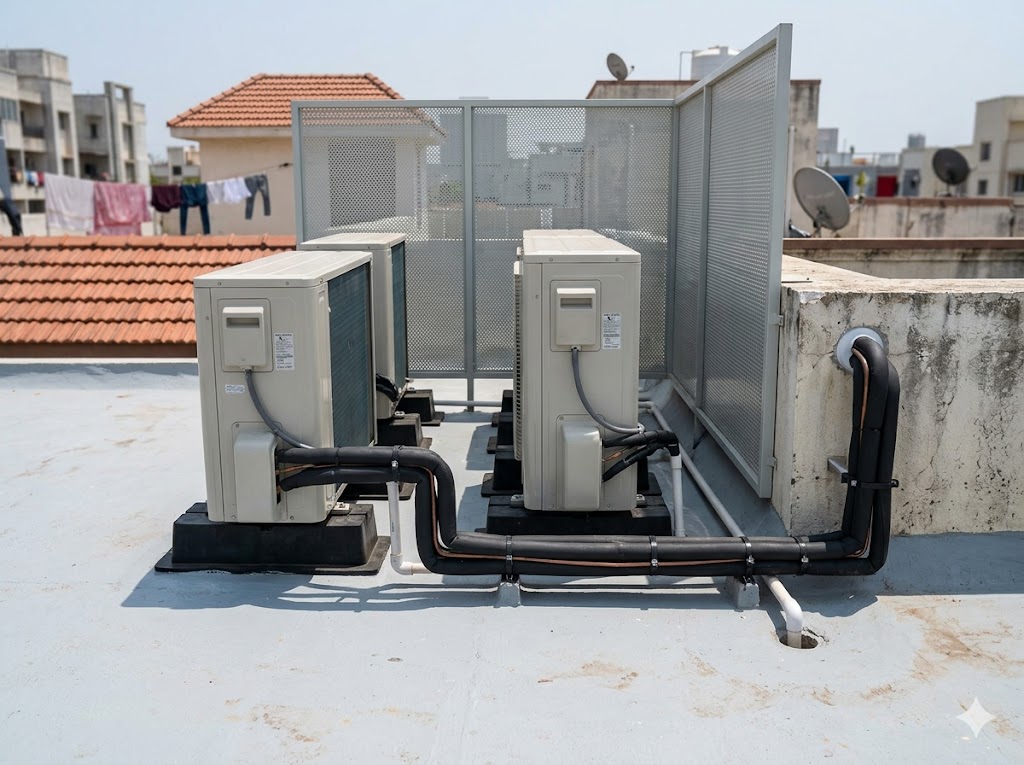 VRF outdoor unit installation on a residential service yard — refrigerant pipes routing into the building