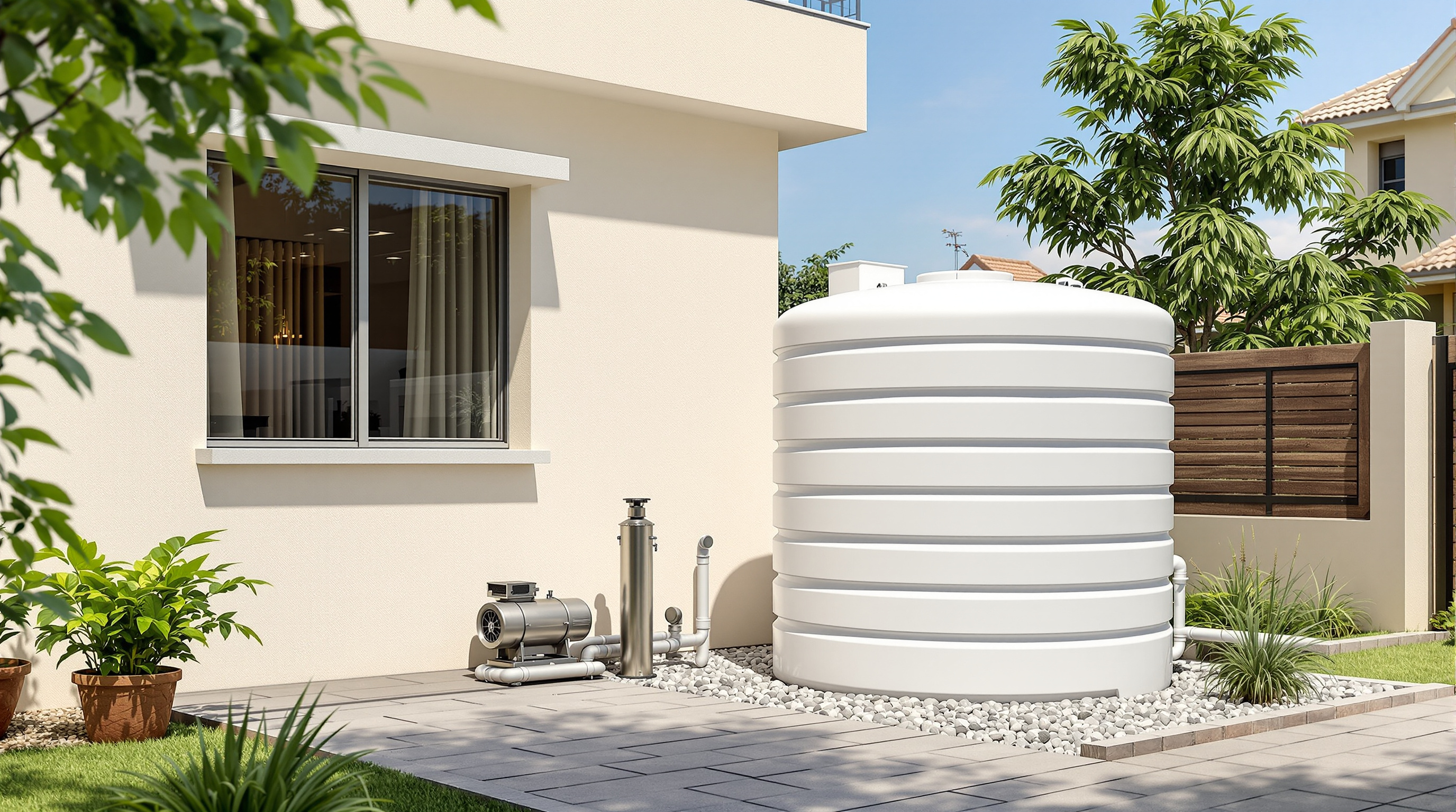 Compact prefabricated FRP packaged sewage treatment plant installed beside a modern Indian villa