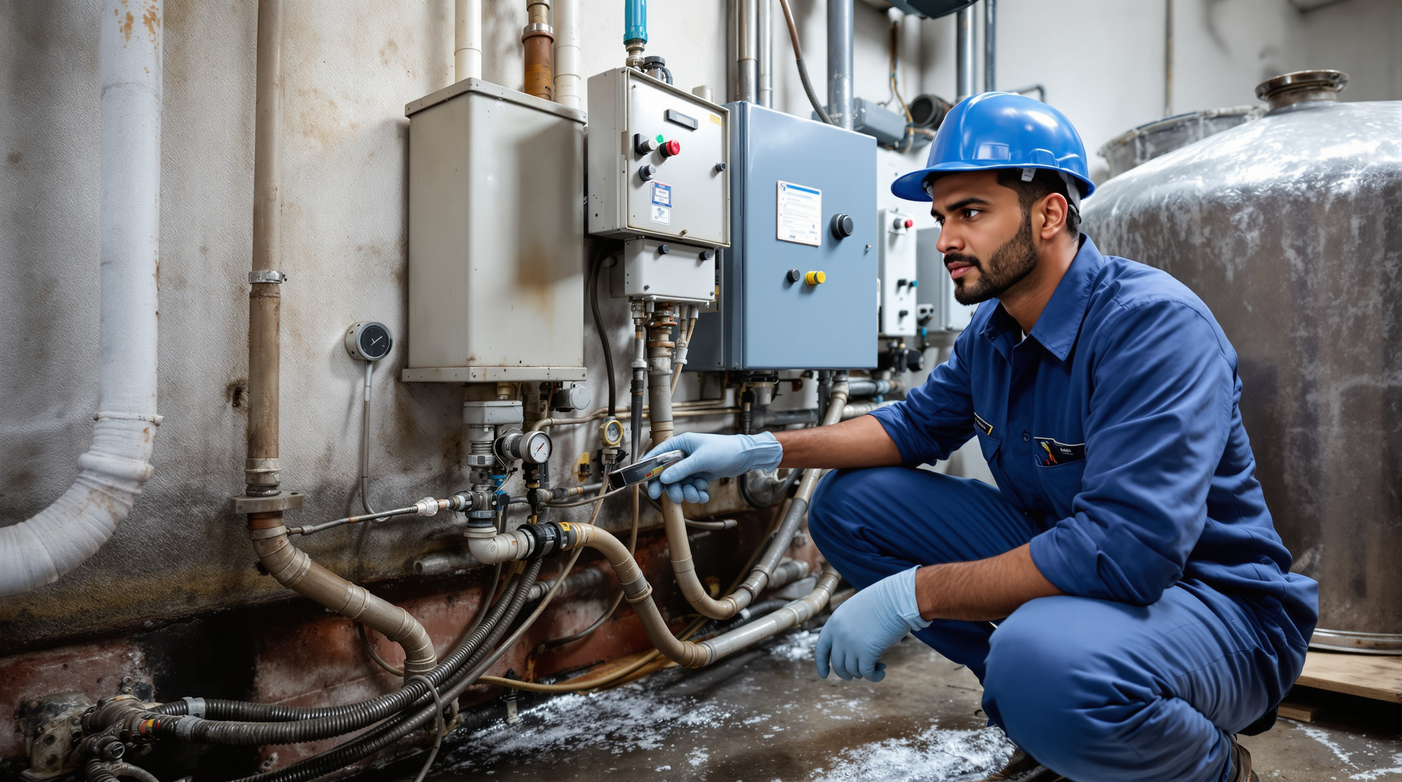Indian maintenance technician inspecting the control panel and blower of a small sewage treatment plant