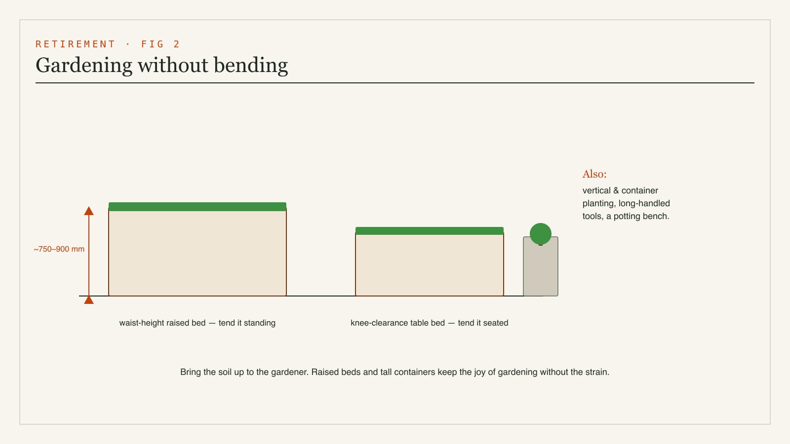 Diagram of raised and accessible planting - waist-height raised beds and tall containers that let an older gardener tend plants while standing or seated, without bending