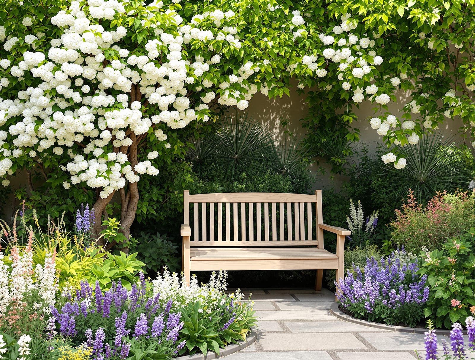 A sensory garden corner with fragrant jasmine and mogra, soft colourful planting and a comfortable shaded seat