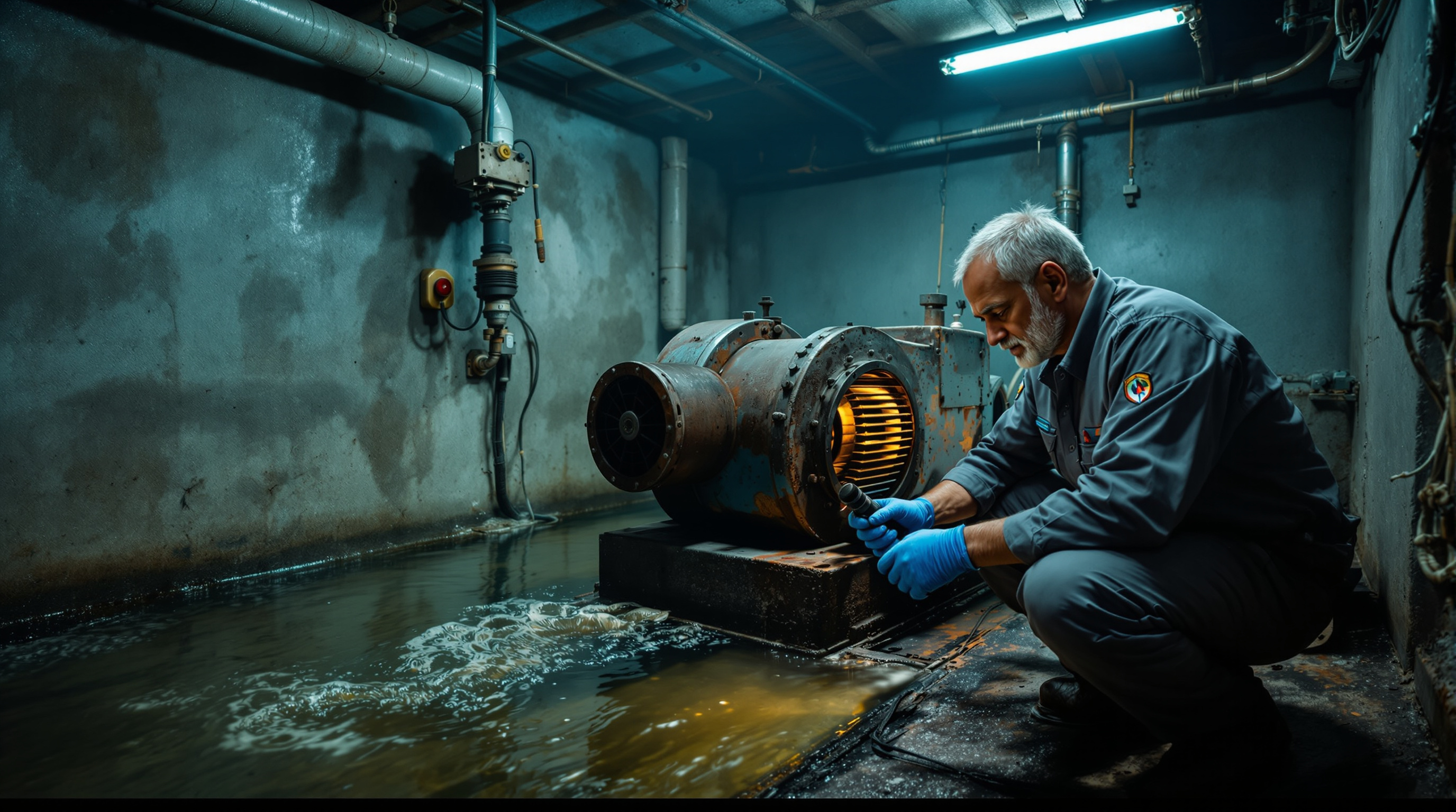 Indian maintenance technician inspecting a worn blower and clogged diffusers beside an ageing basement aeration tank