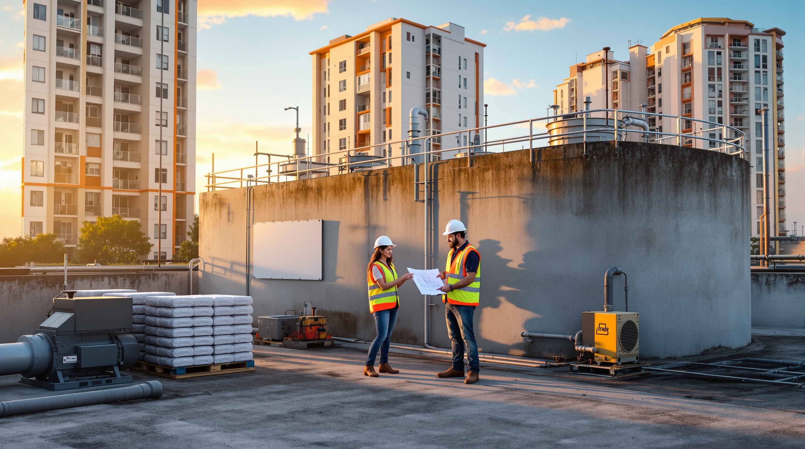 Two Indian engineers reviewing plant drawings on a tablet beside sewage treatment tanks, weighing a retrofit against a rebuild
