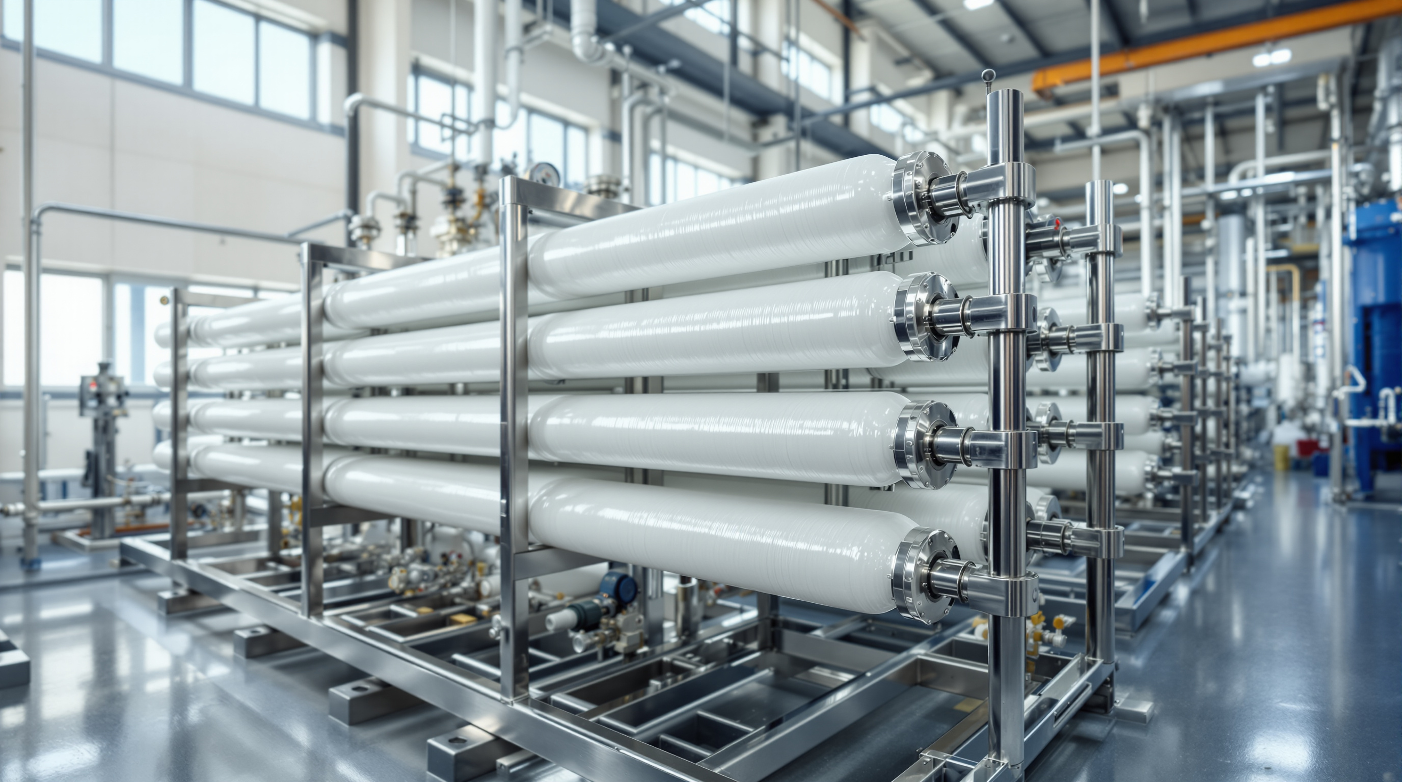 Rows of white RO membrane pressure vessels with stainless-steel high-pressure piping on a skid at an Indian water treatment plant